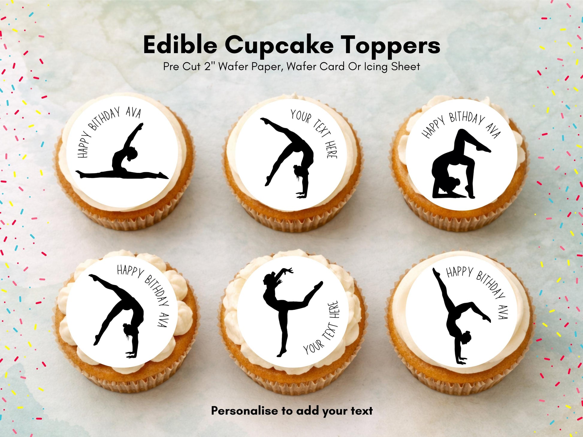 Personalised Gymnastics Edible Cupcake Toppers - Sports Cake Decorations (12 x 2" Pre cut)