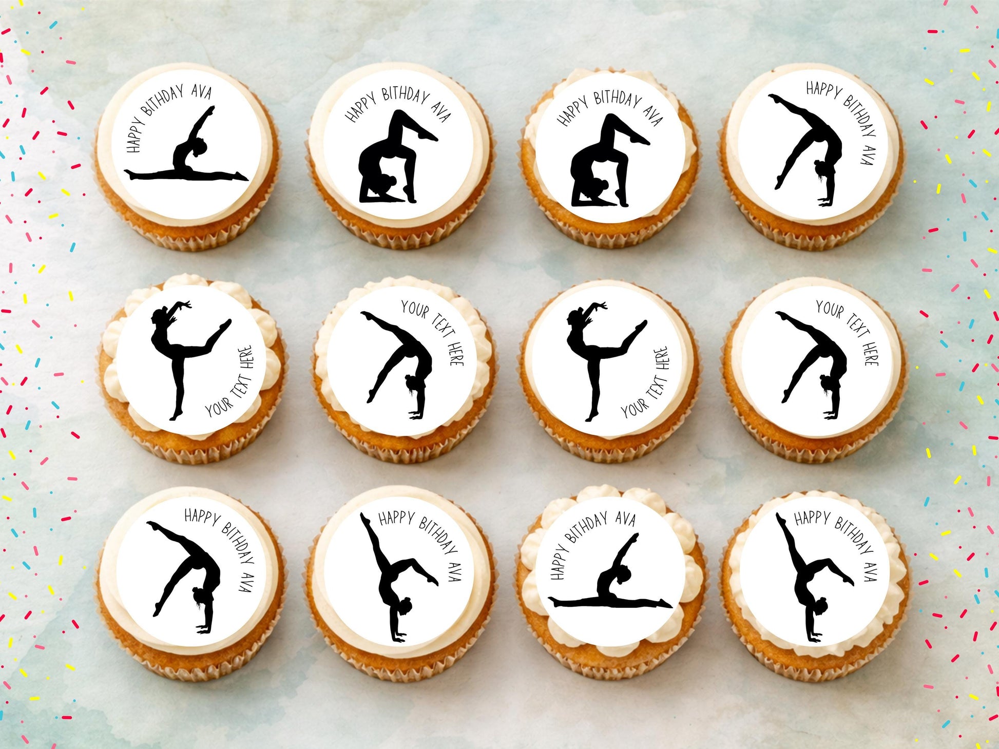 Personalised Gymnastics Edible Cupcake Toppers - Sports Cake Decorations (12 x 2" Pre cut)