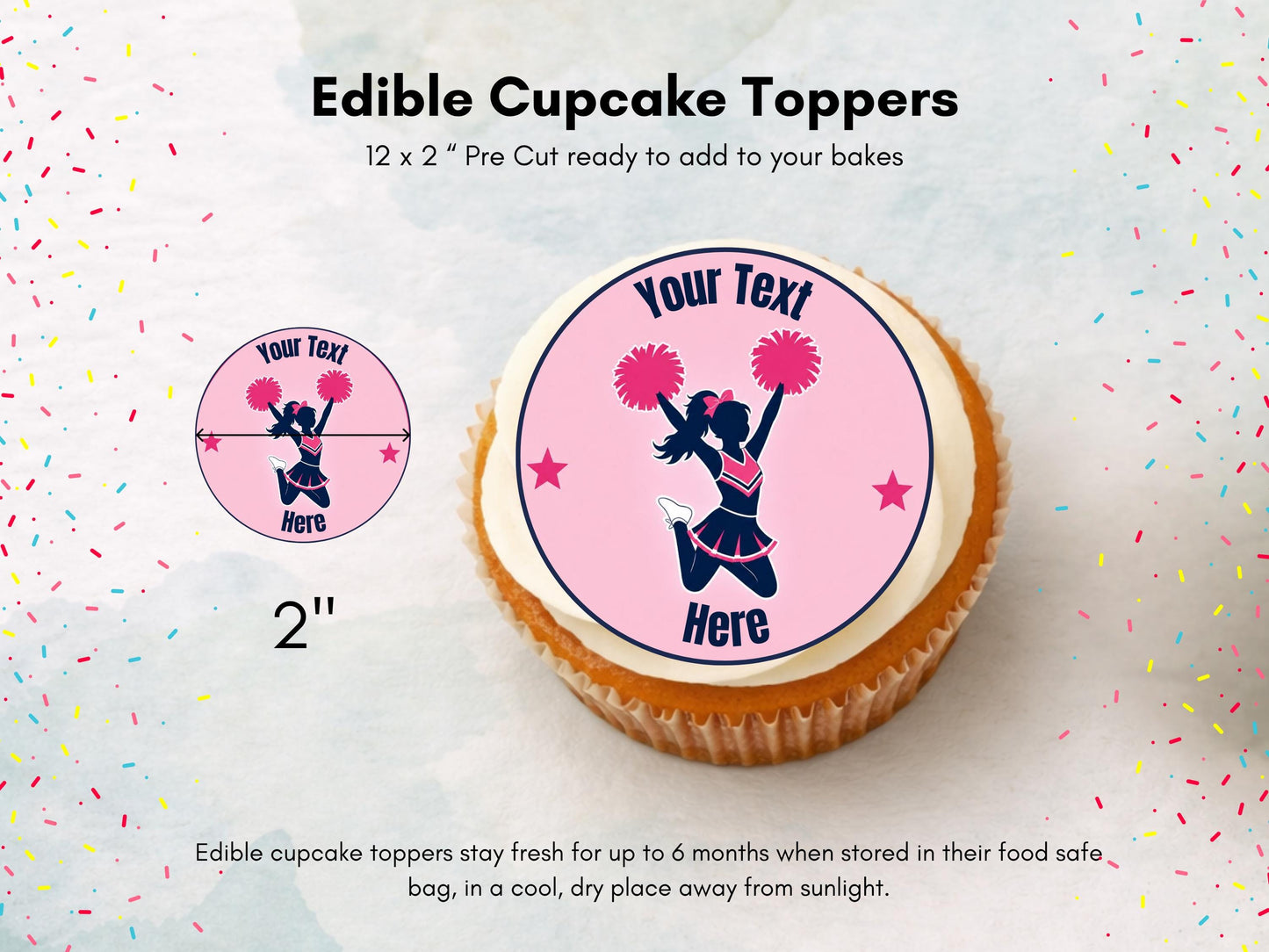Personalised Cheerleader Edible Cupcake Toppers - Sports Cake Decorations (12 x 2" Pre cut)