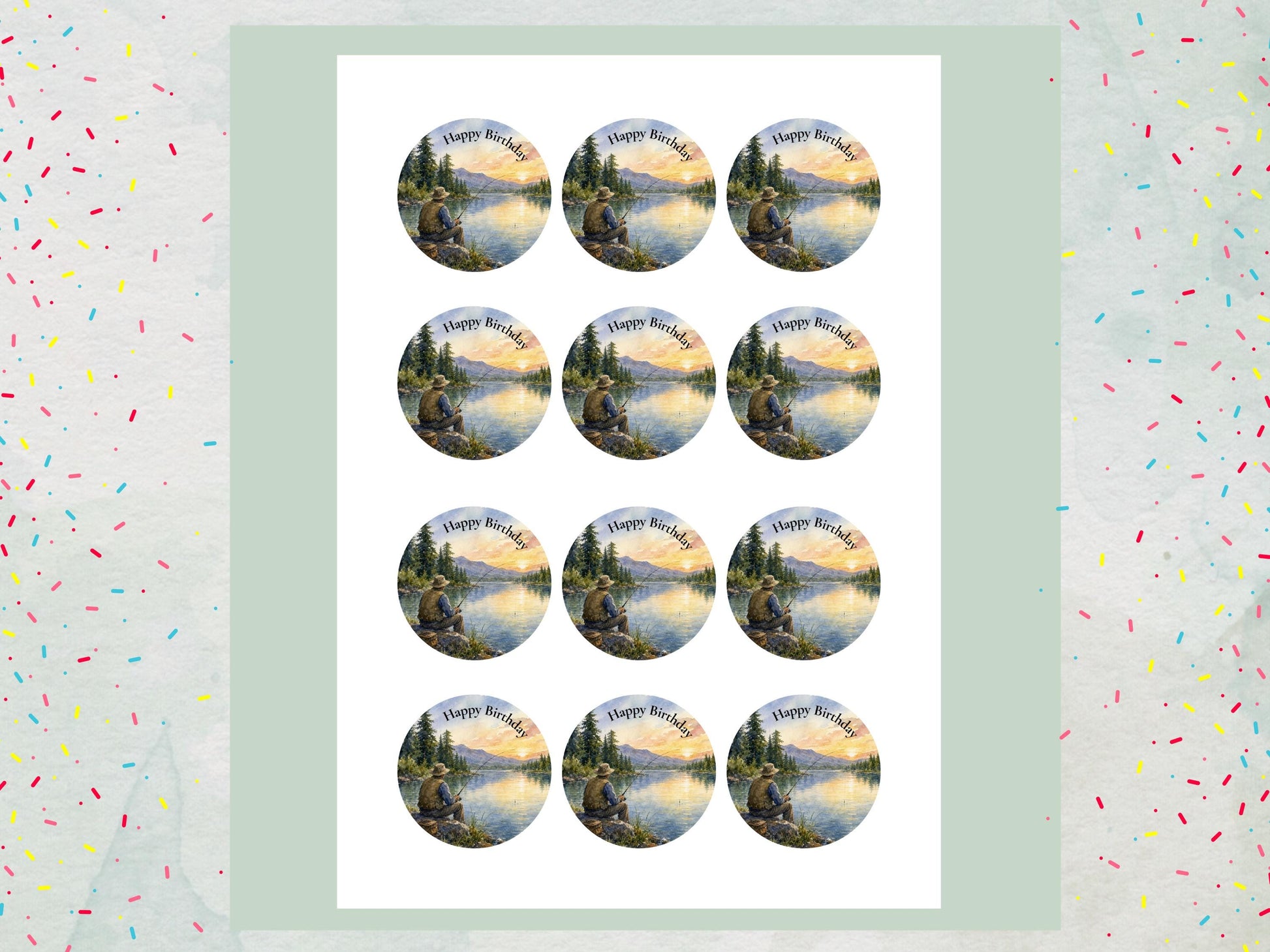 Fishing Themed Edible Cupcake Toppers – Happy Birthday Cake Decoration 12 x 2" (Pre-Cut)