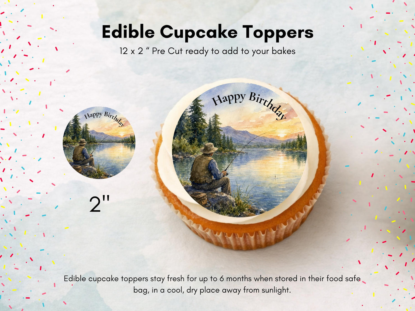Fishing Themed Edible Cupcake Toppers – Happy Birthday Cake Decoration 12 x 2" (Pre-Cut)