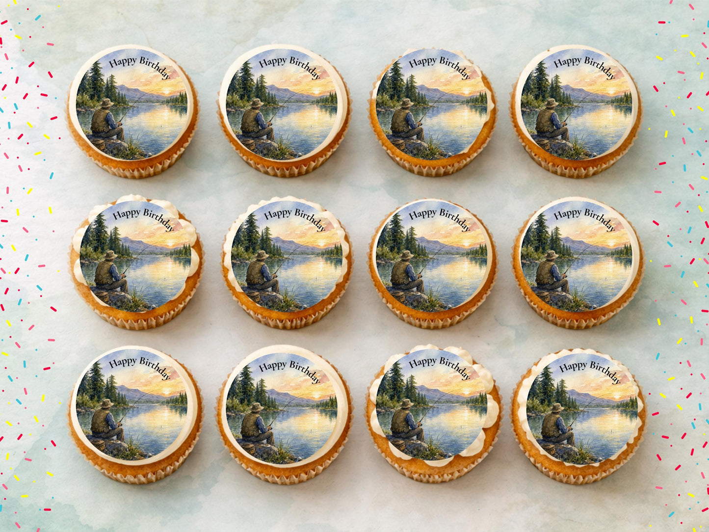 Fishing Themed Edible Cupcake Toppers – Happy Birthday Cake Decoration 12 x 2" (Pre-Cut)