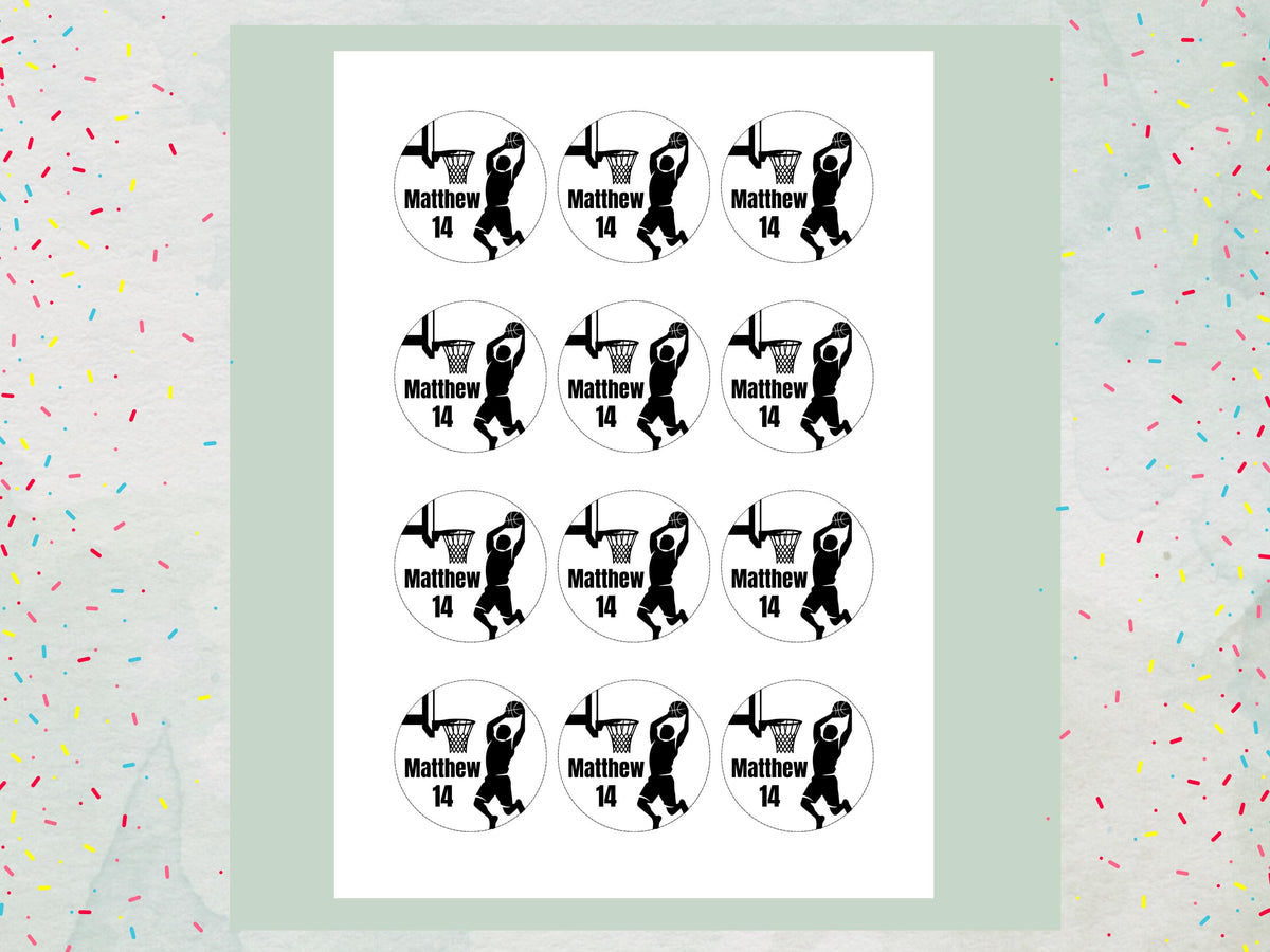 Personalised Basket Ball Edible Cupcake Toppers - Basket Ball Cake Decorations (12 x 2" Pre cut)
