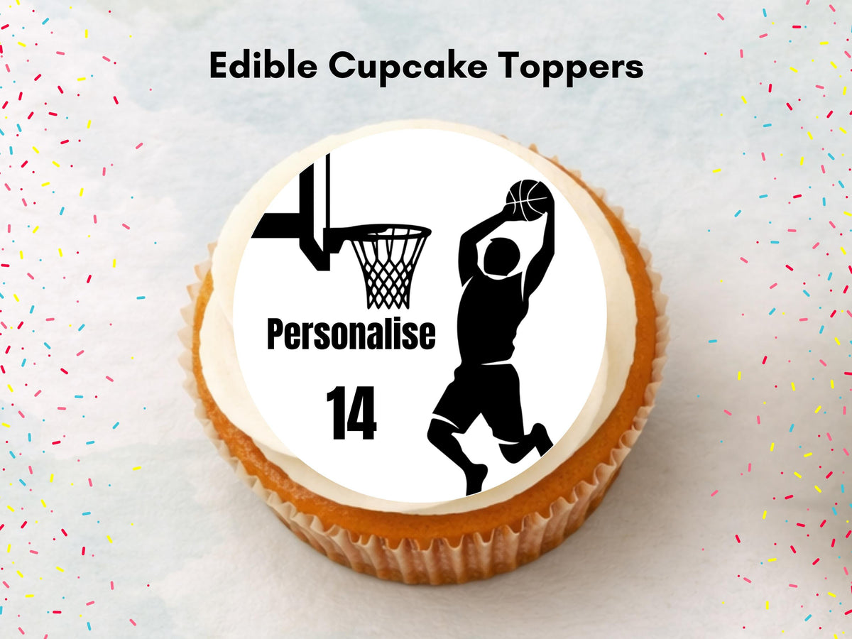 Personalised Basket Ball Edible Cupcake Toppers - Basket Ball Cake Decorations (12 x 2" Pre cut)