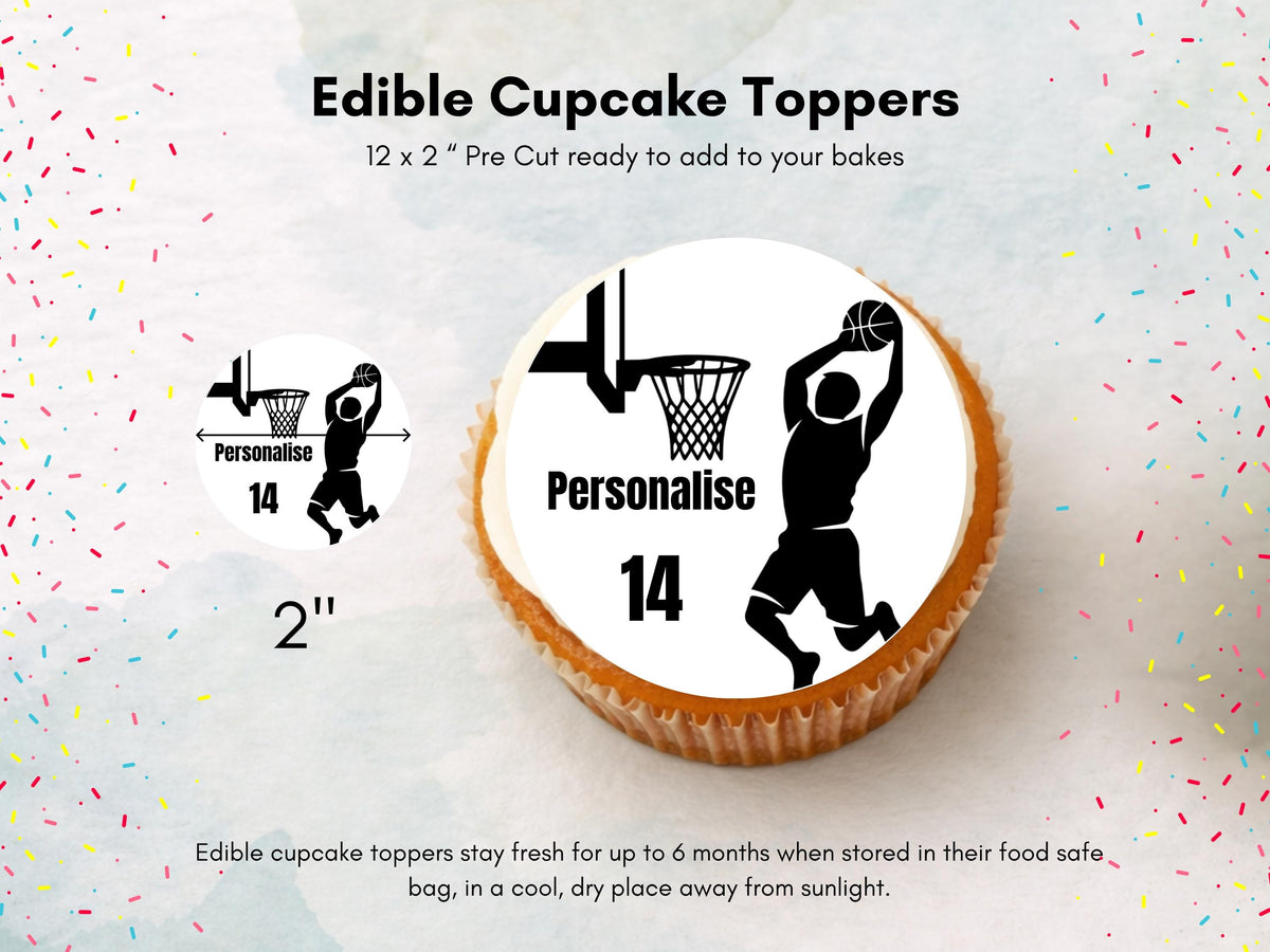 Personalised Basket Ball Edible Cupcake Toppers - Basket Ball Cake Decorations (12 x 2" Pre cut)