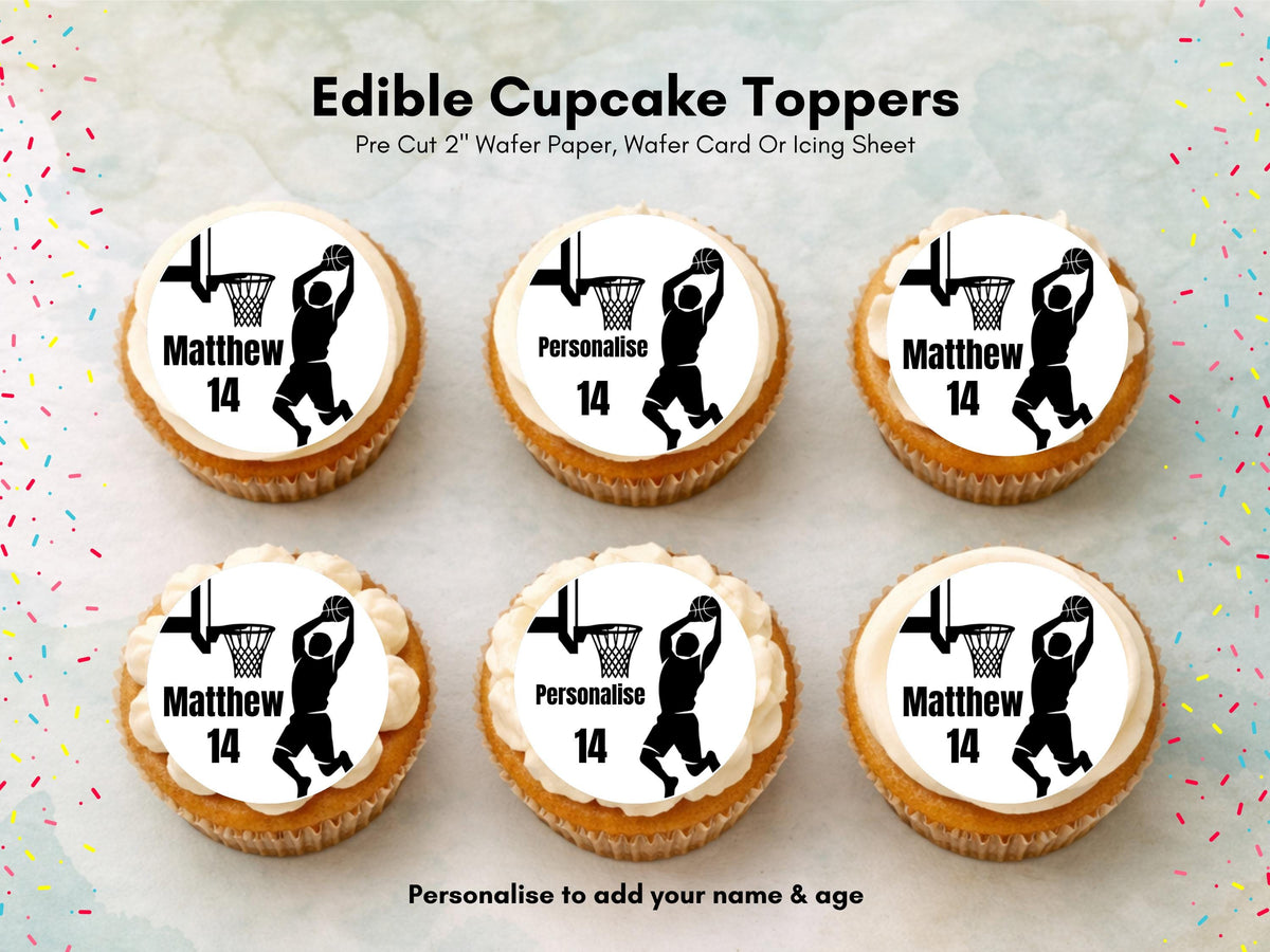 Personalised Basket Ball Edible Cupcake Toppers - Basket Ball Cake Decorations (12 x 2" Pre cut)