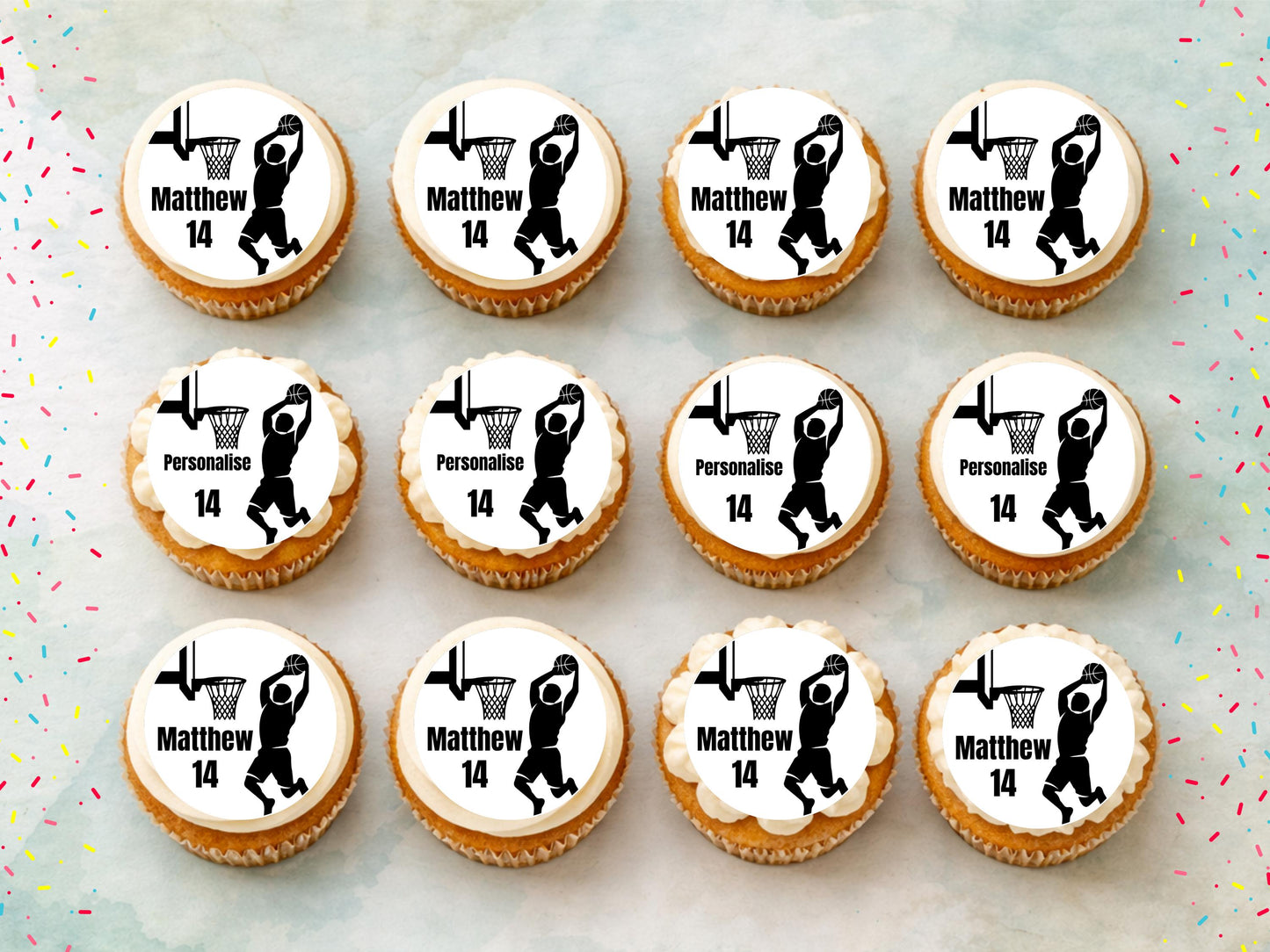 Personalised Basket Ball Edible Cupcake Toppers - Basket Ball Cake Decorations (12 x 2" Pre cut)