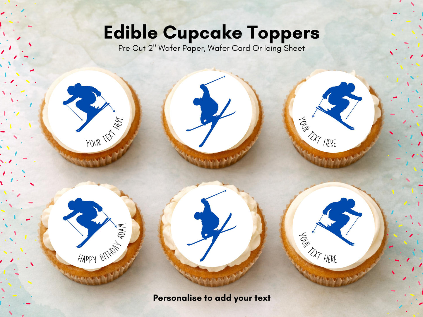 Personalised Skier Edible Cupcake Toppers - Ski Cake Decorations (12 x 2" Pre cut)