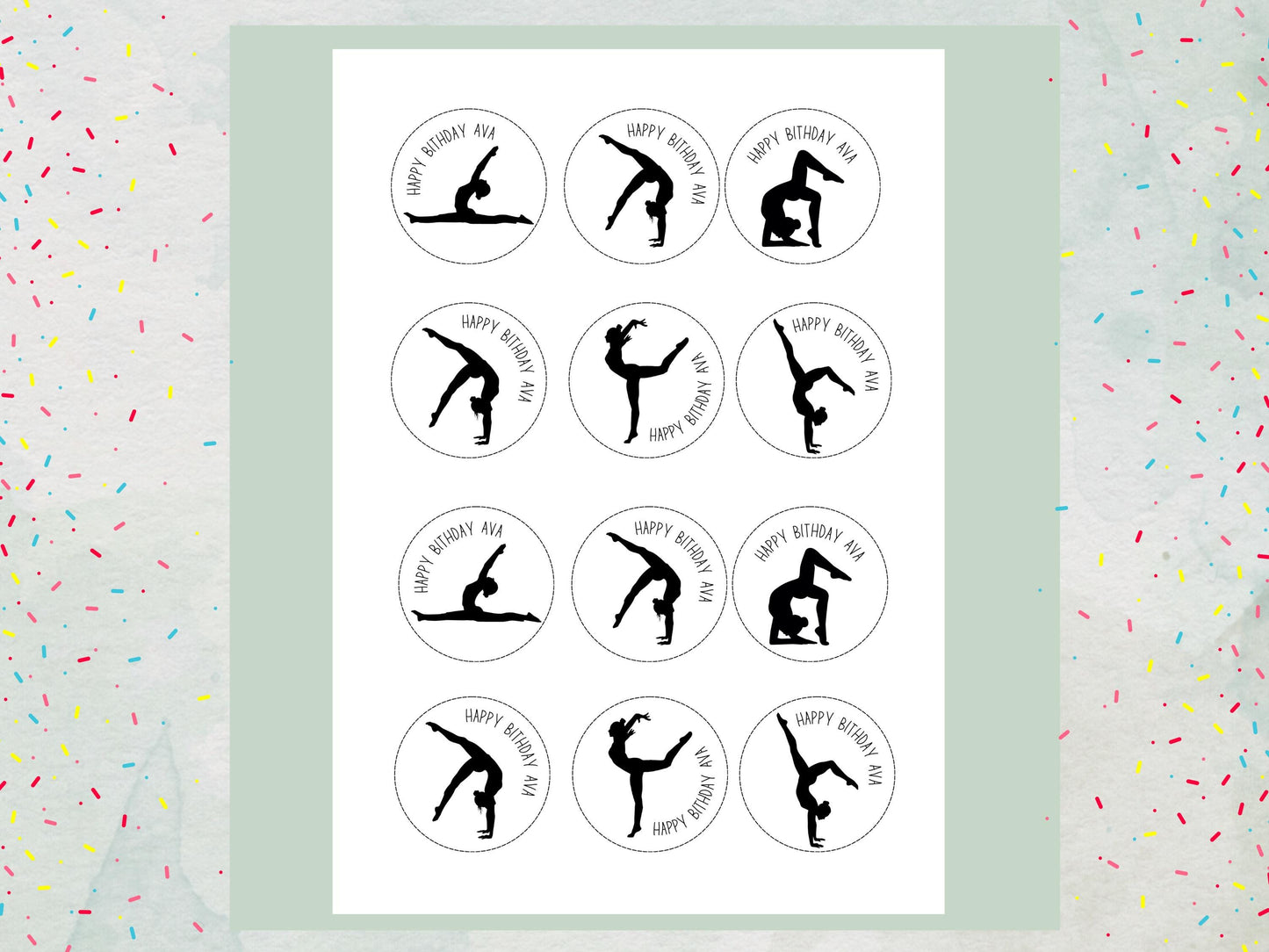 Personalised Gymnastics Edible Cupcake Toppers - Sports Cake Decorations (12 x 2" Pre cut)