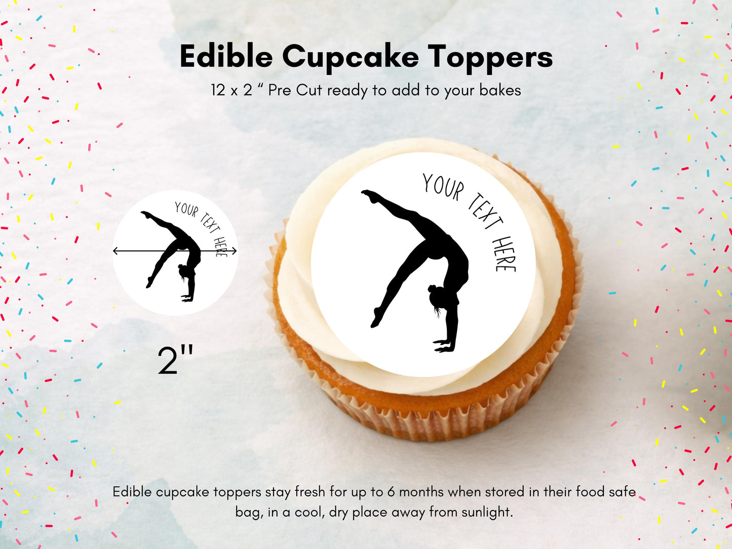 Personalised Gymnastics Edible Cupcake Toppers - Sports Cake Decorations (12 x 2" Pre cut)