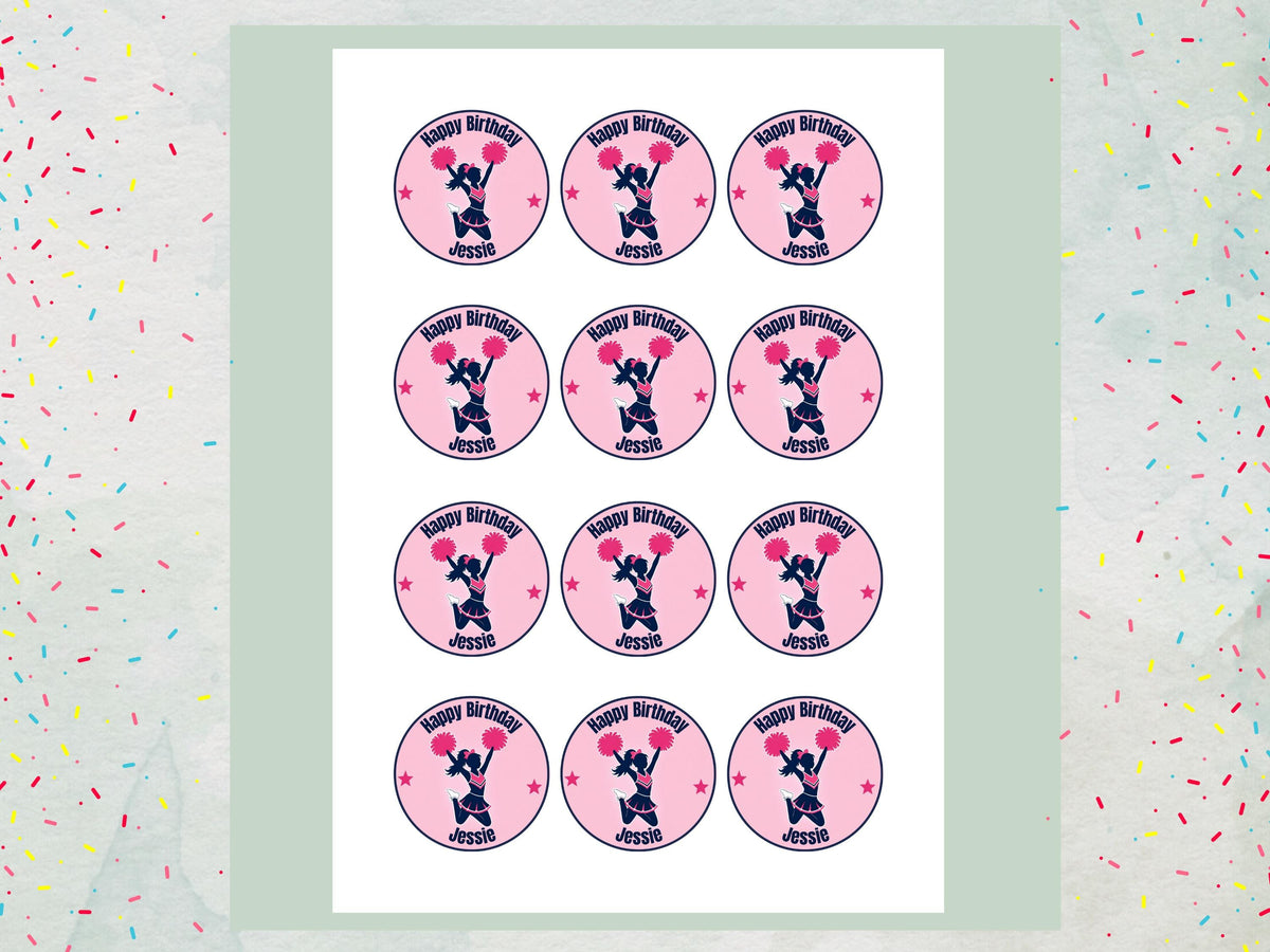 Personalised Cheerleader Edible Cupcake Toppers - Sports Cake Decorations (12 x 2" Pre cut)