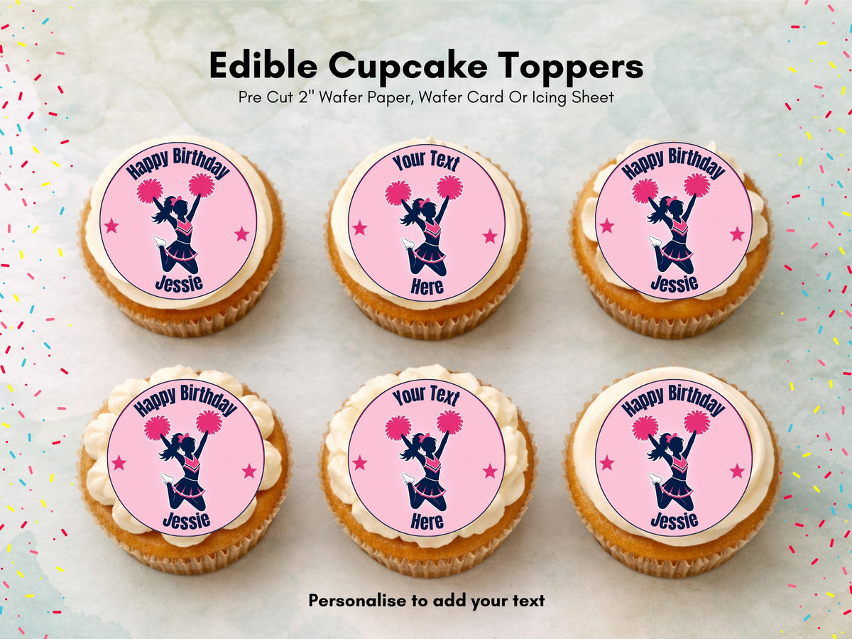Personalised Cheerleader Edible Cupcake Toppers - Sports Cake Decorations (12 x 2" Pre cut)