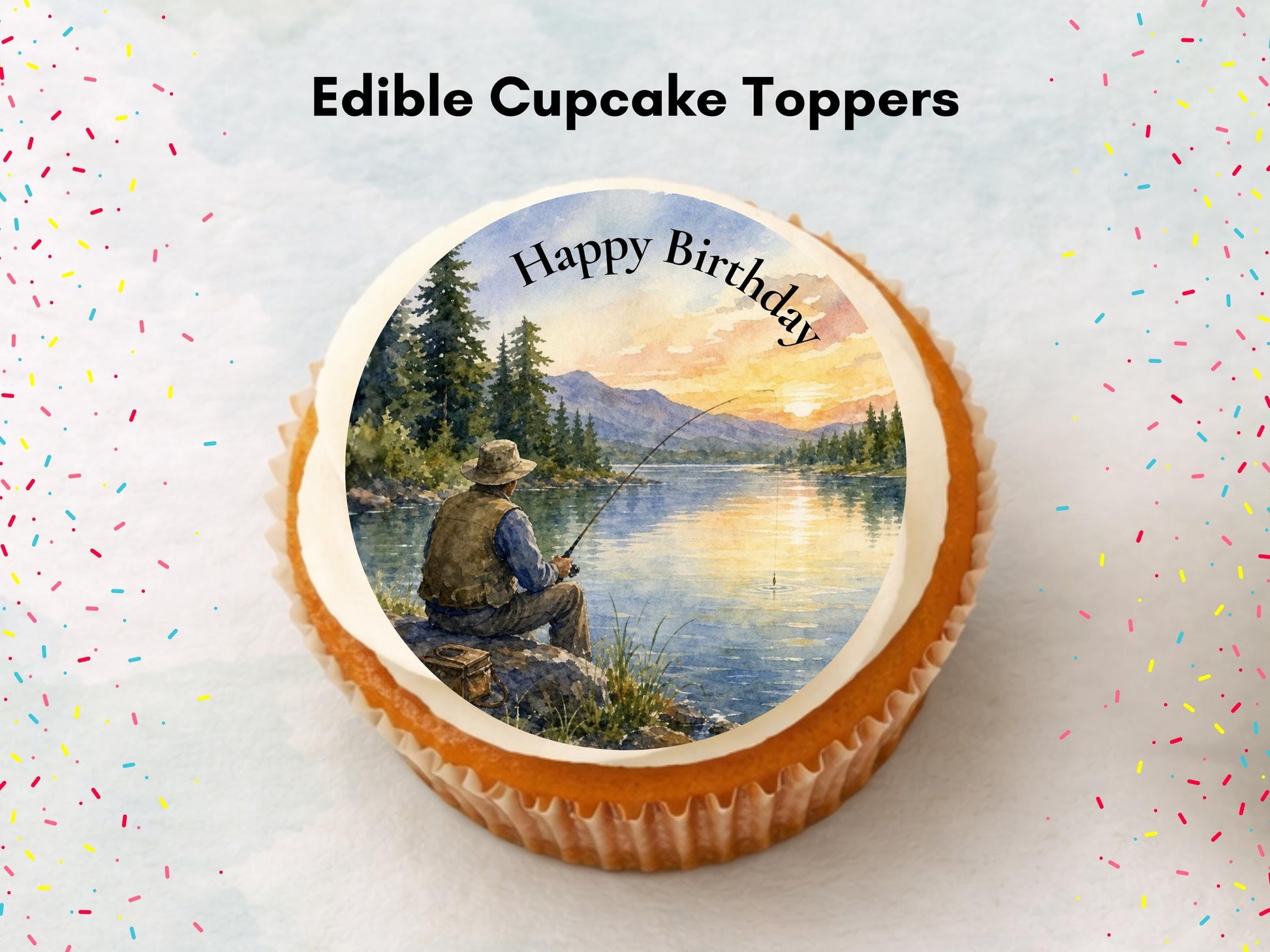 Fishing Themed Edible Cupcake Toppers – Happy Birthday Cake Decoration 12 x 2" (Pre-Cut)