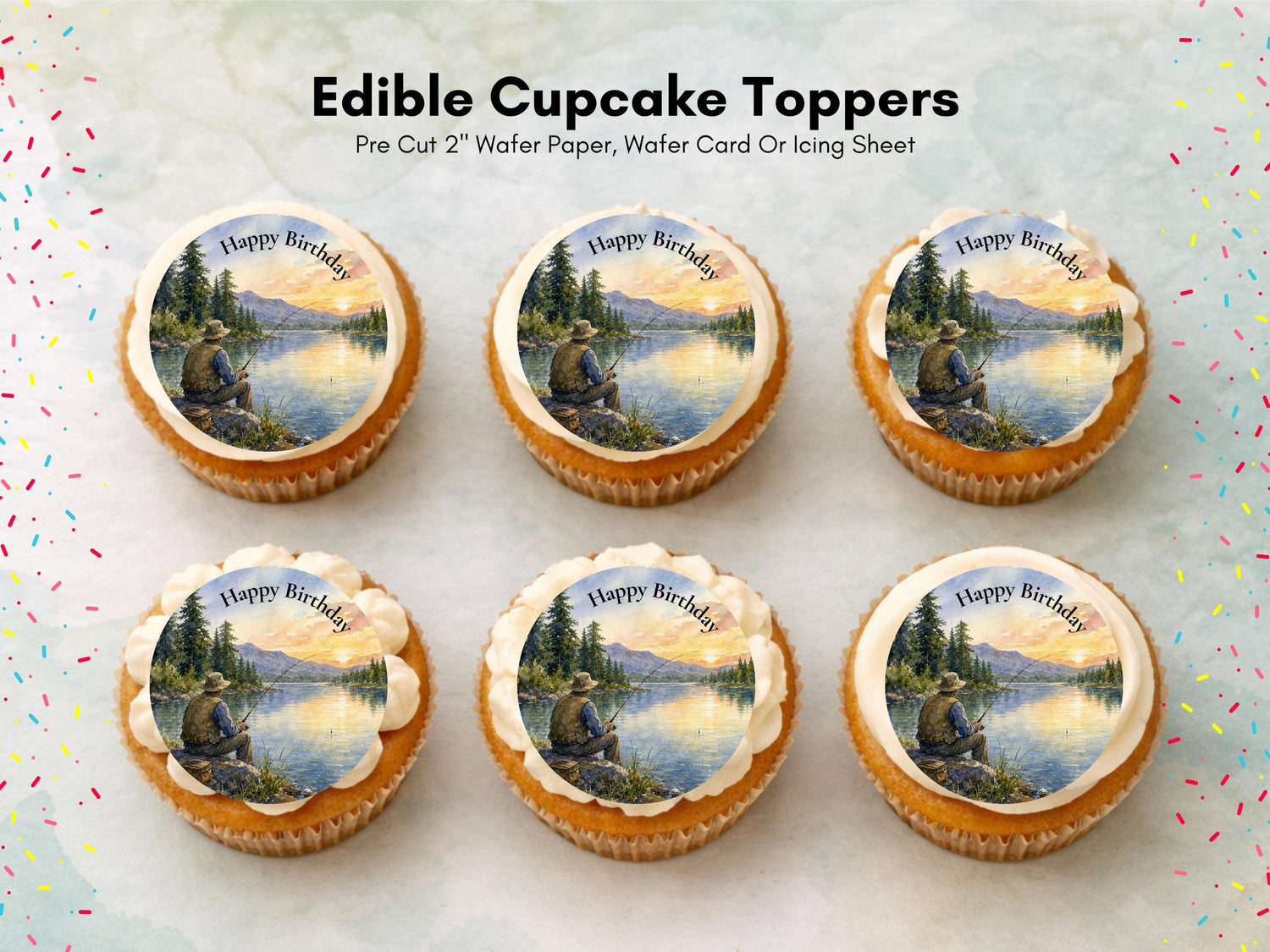 Fishing Themed Edible Cupcake Toppers – Happy Birthday Cake Decoration 12 x 2" (Pre-Cut)