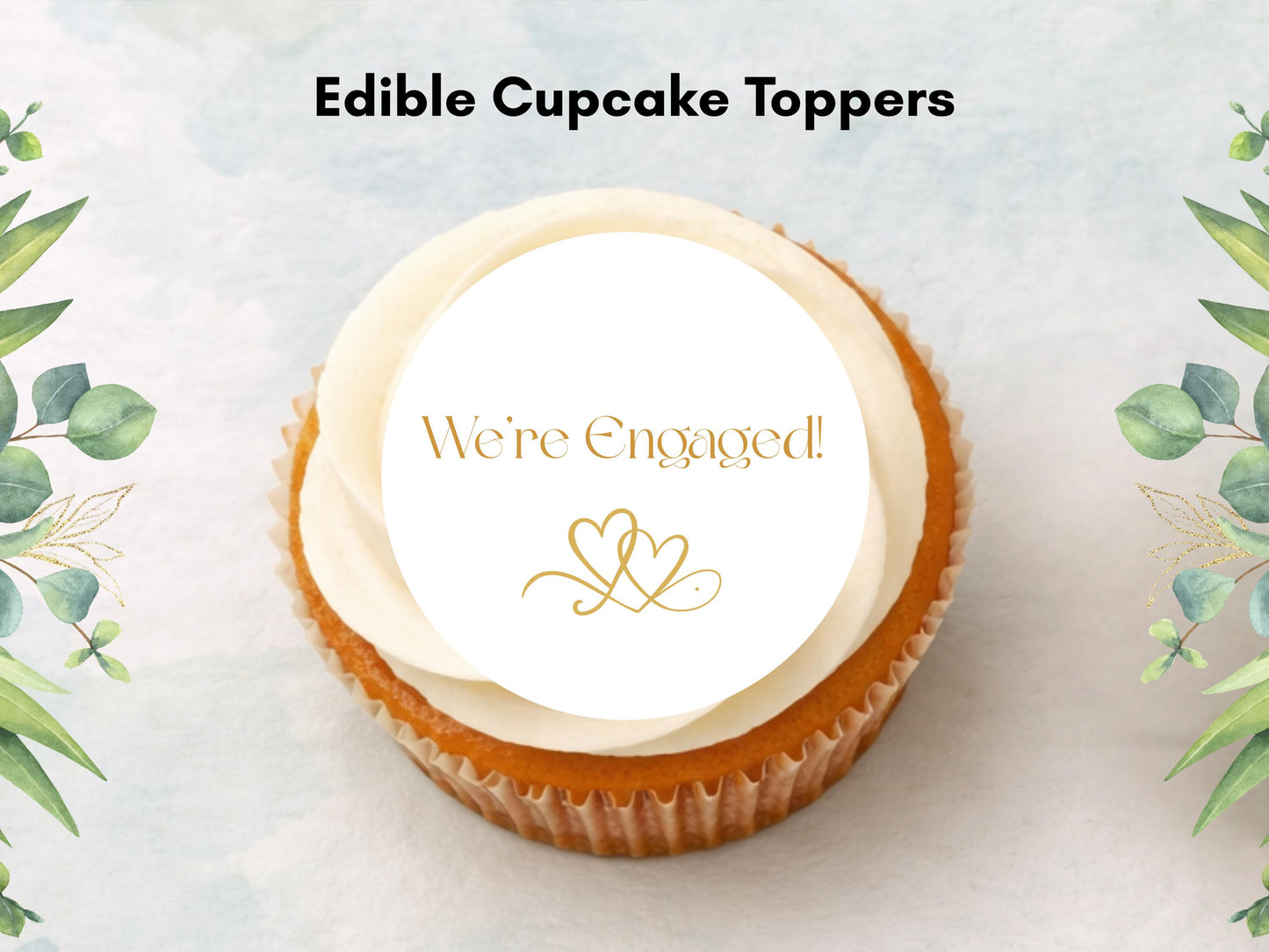 We're Engaged Gold Edible Cupcake Toppers – (12 x 2" Pre-Cut) Wafer Paper, Card, or Icing