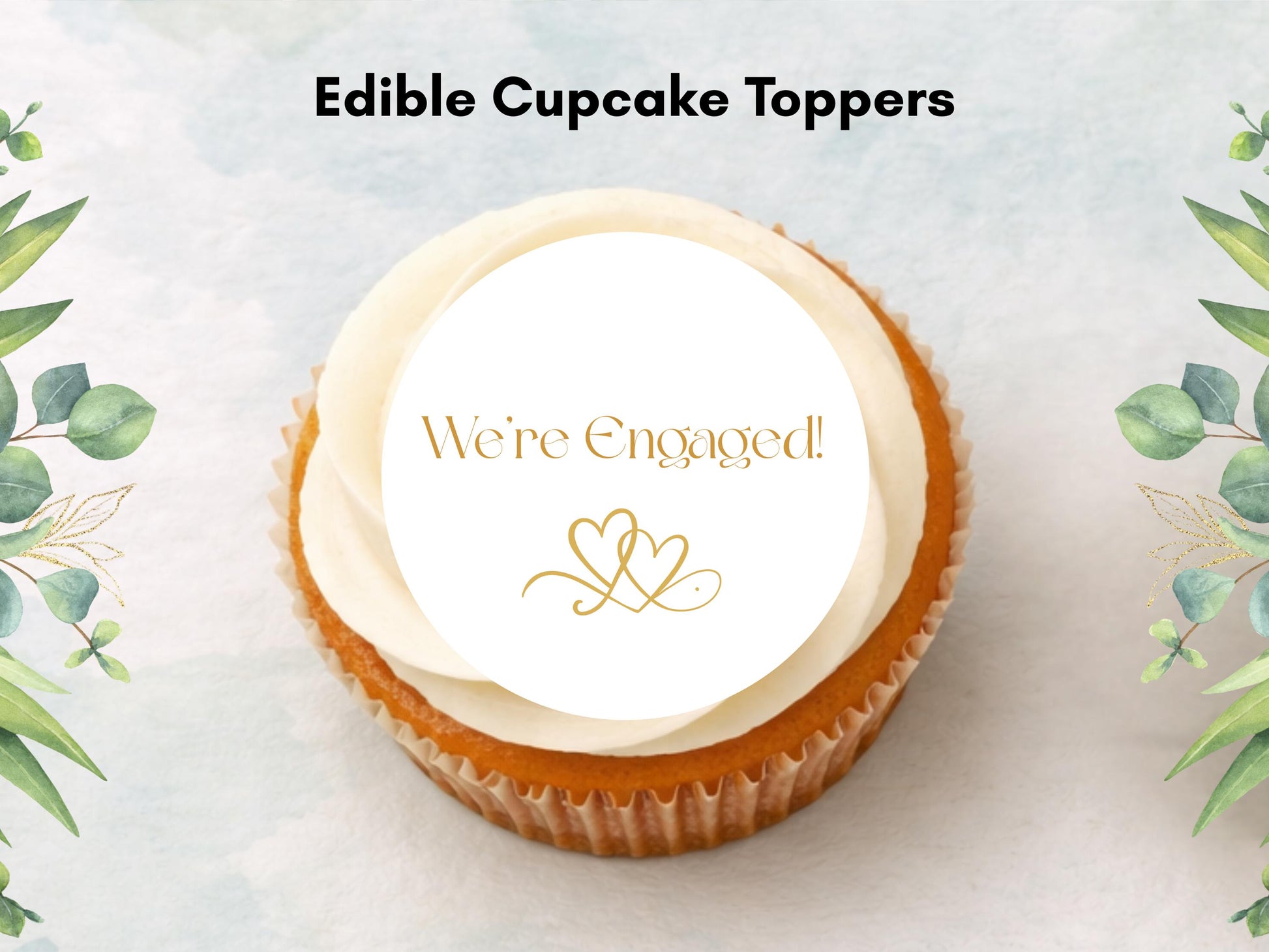 We're Engaged Gold Edible Cupcake Toppers – (12 x 2" Pre-Cut) Wafer Paper, Card, or Icing