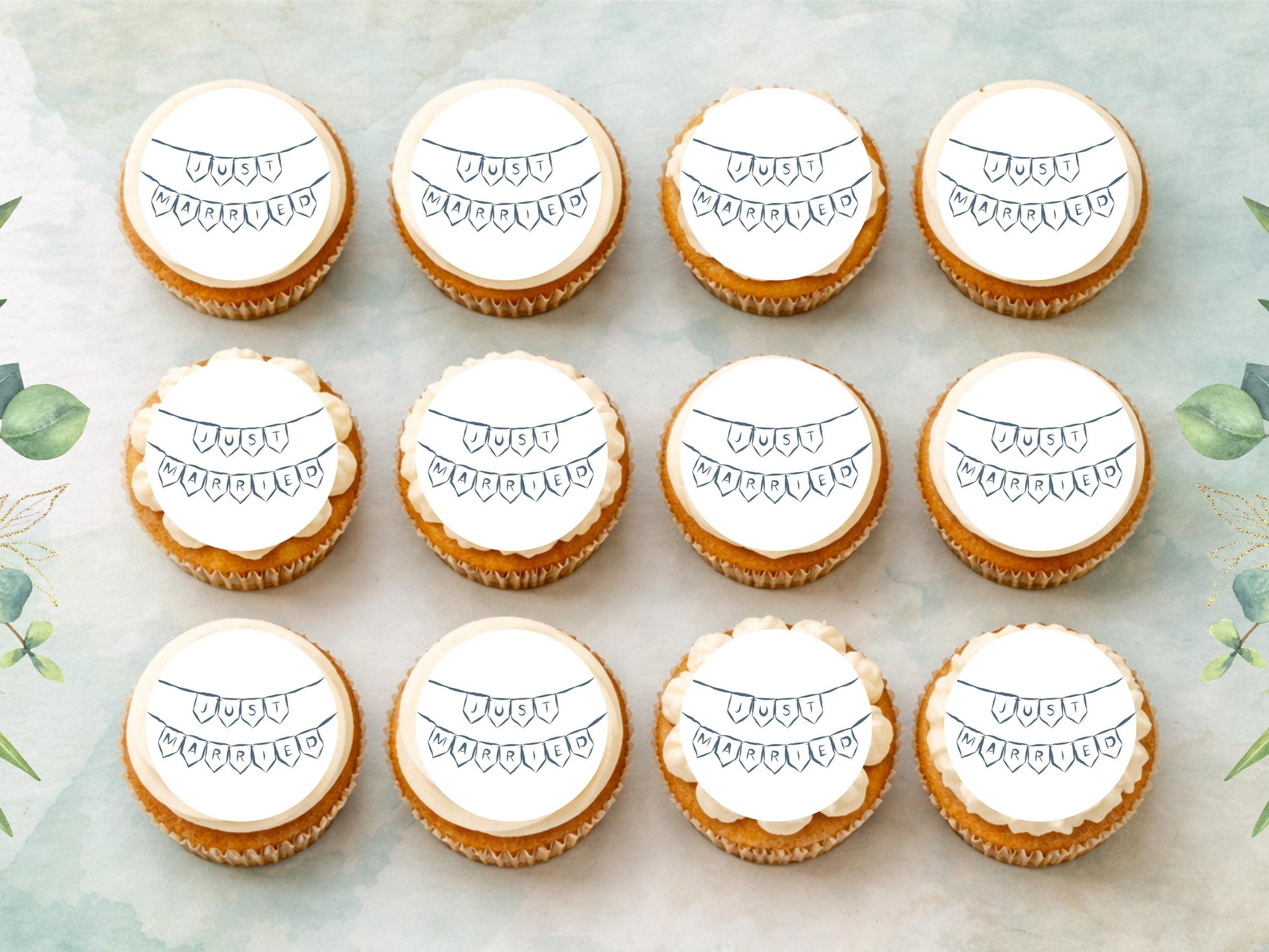 Just Married Edible Cupcake Toppers – 2" Wafer Paper, Card, or Icing