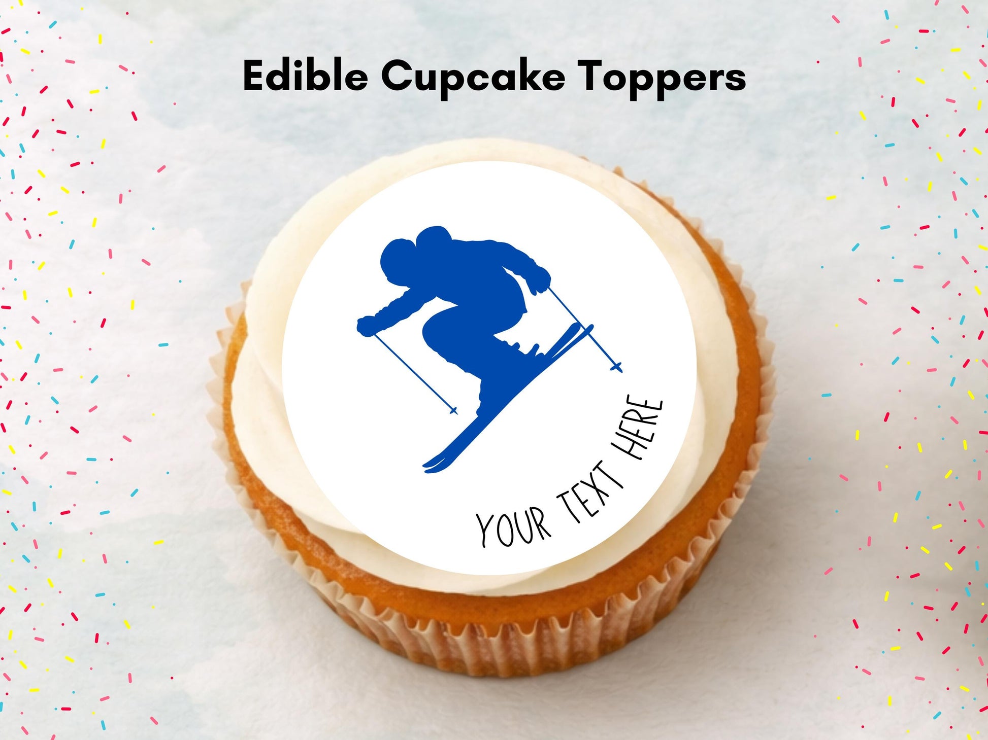 Personalised Skier Edible Cupcake Toppers - Skiing Cake Decorations (12 x 2" Pre cut)