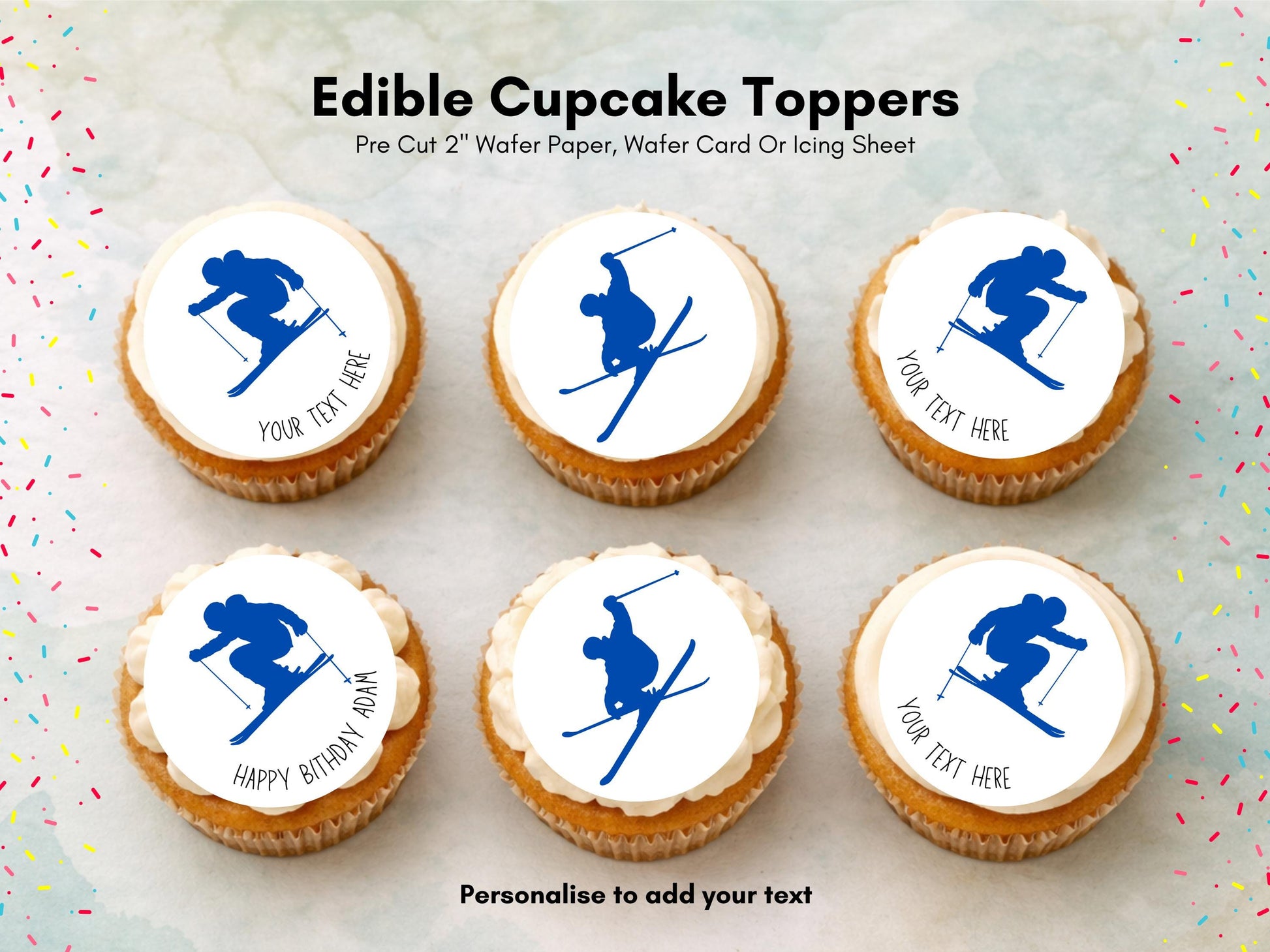 Personalised Skier Edible Cupcake Toppers - Skiing Cake Decorations (12 x 2" Pre cut)