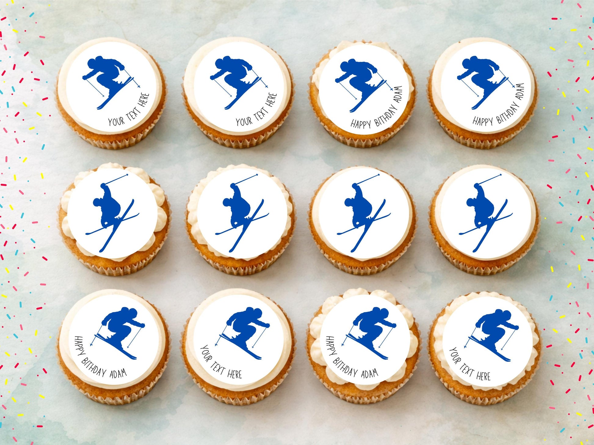 Personalised Skier Edible Cupcake Toppers - Skiing Cake Decorations (12 x 2" Pre cut)