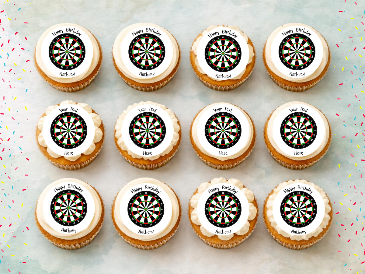 Personalised Darts Edible Cupcake Toppers - Sports Cake Decorations (12 x 2" Pre cut)