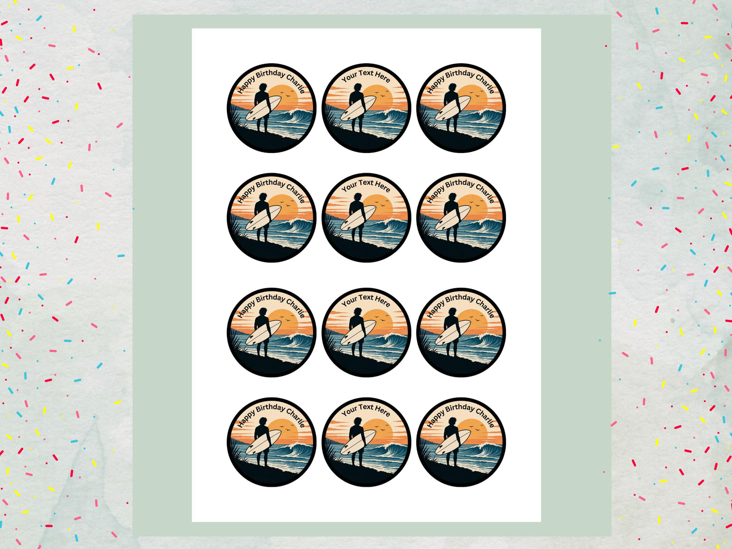 Personalised Surfer Edible Cupcake Toppers - Sports Cake Decorations (12 x 2" Pre cut)