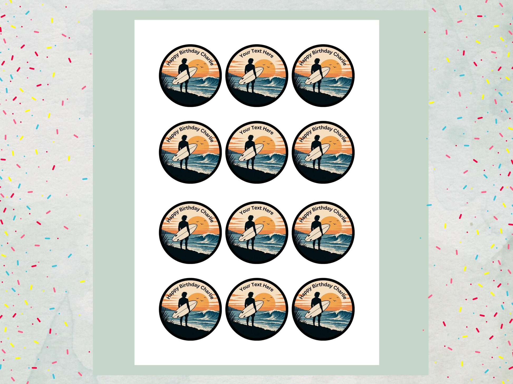 Personalised Surfer Edible Cupcake Toppers - Sports Cake Decorations (12 x 2" Pre cut)