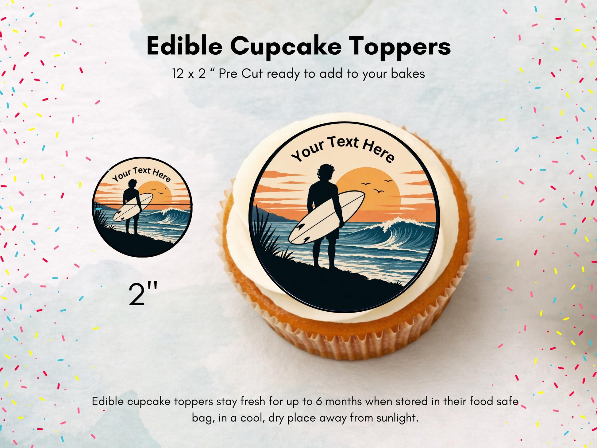 Personalised Surfer Edible Cupcake Toppers - Sports Cake Decorations (12 x 2" Pre cut)