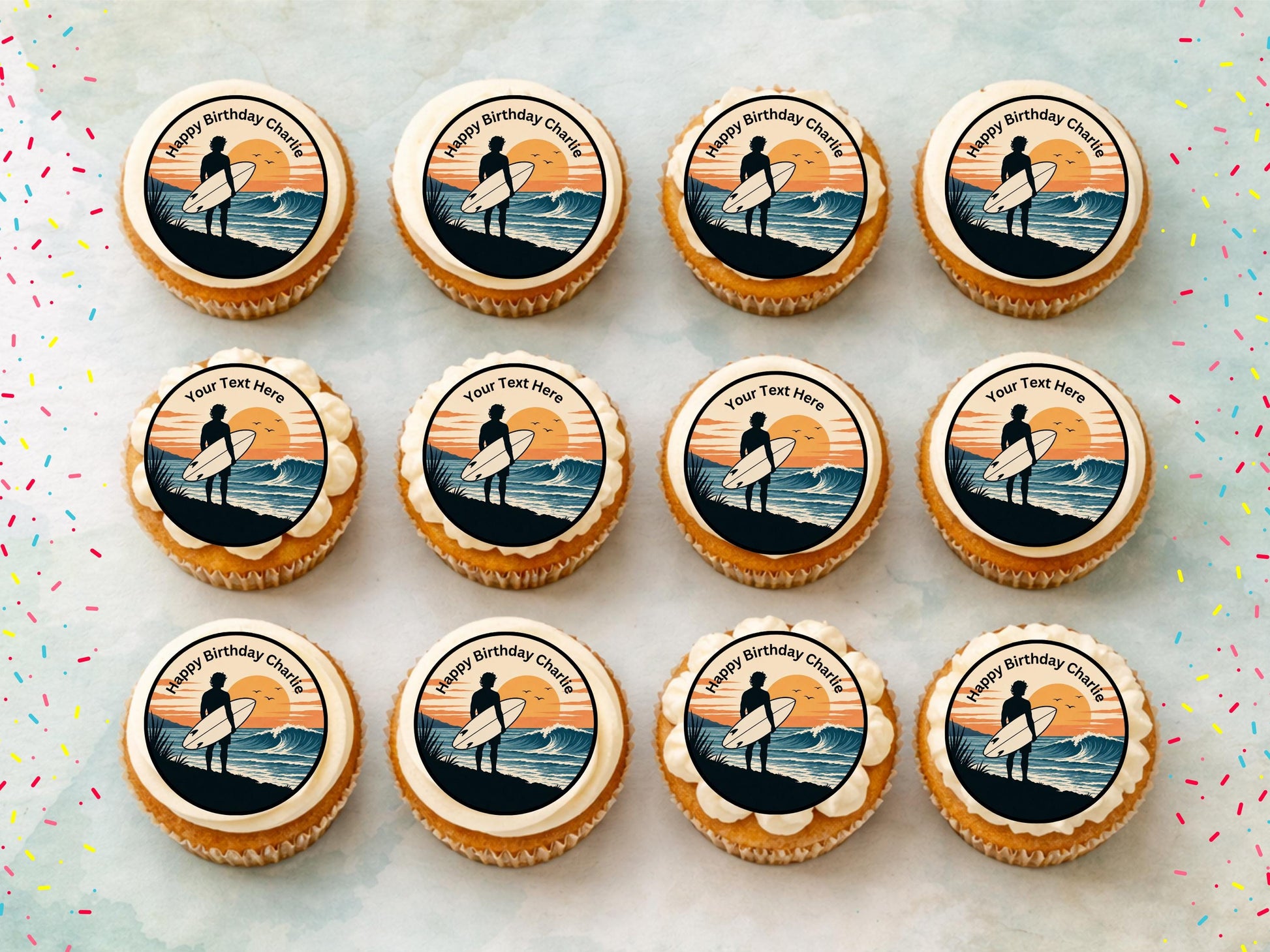 Personalised Surfer Edible Cupcake Toppers - Sports Cake Decorations (12 x 2" Pre cut)