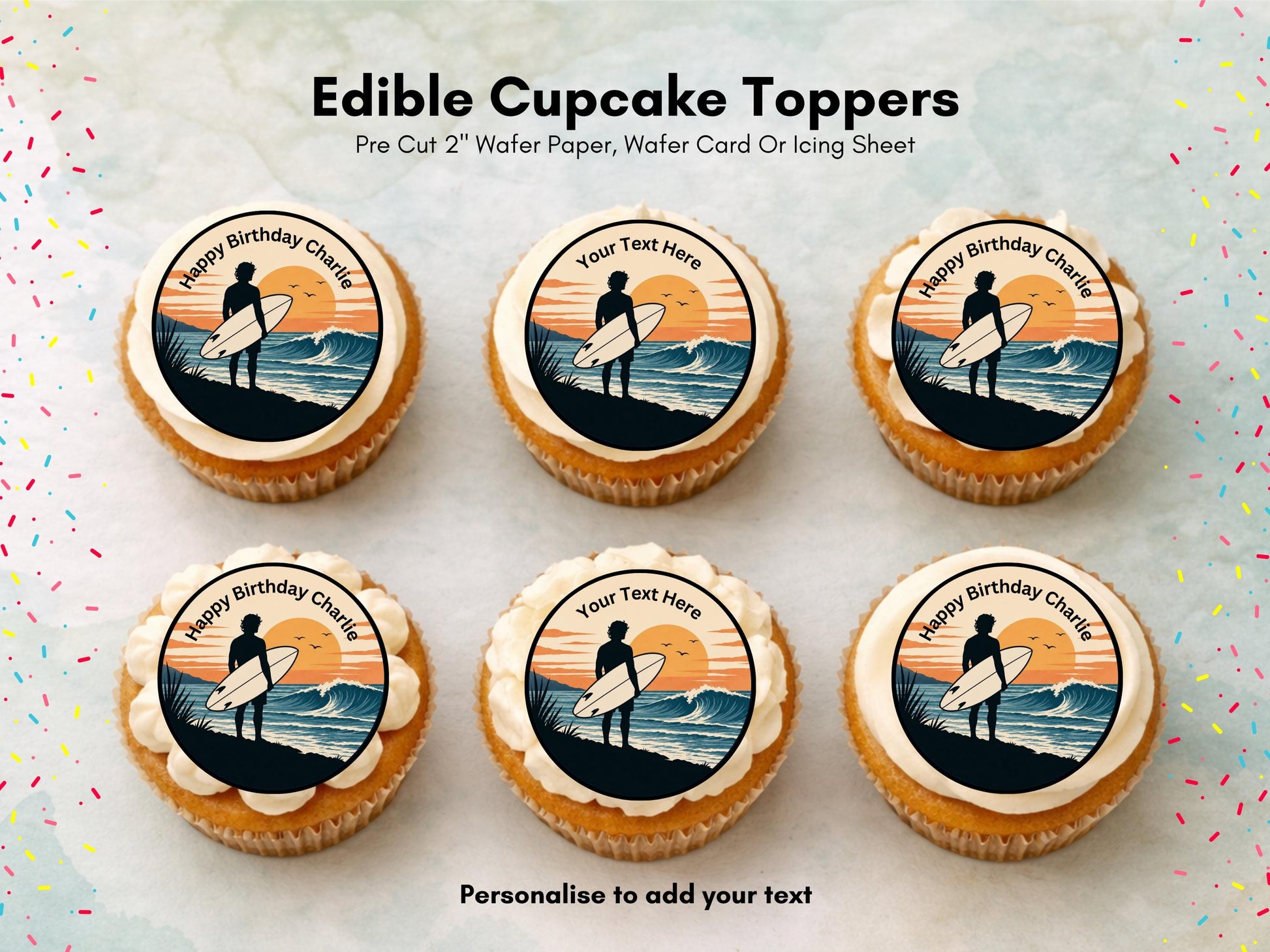 Personalised Surfer Edible Cupcake Toppers - Sports Cake Decorations (12 x 2" Pre cut)