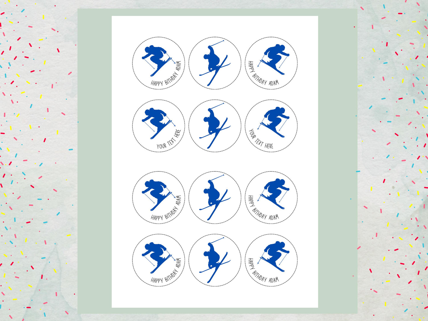 Personalised Skier Edible Cupcake Toppers - Ski Cake Decorations (12 x 2" Pre cut)