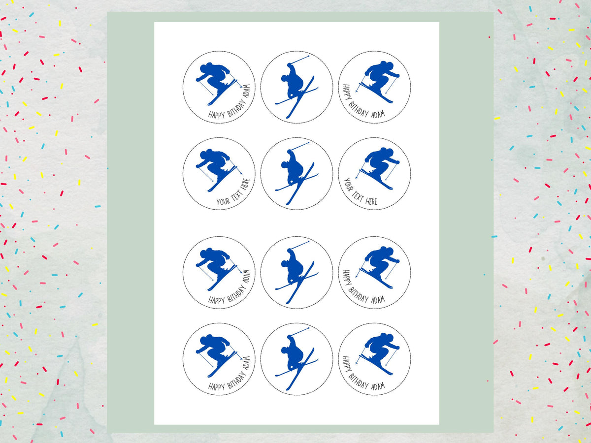 Personalised Skier Edible Cupcake Toppers - Ski Cake Decorations (12 x 2" Pre cut)
