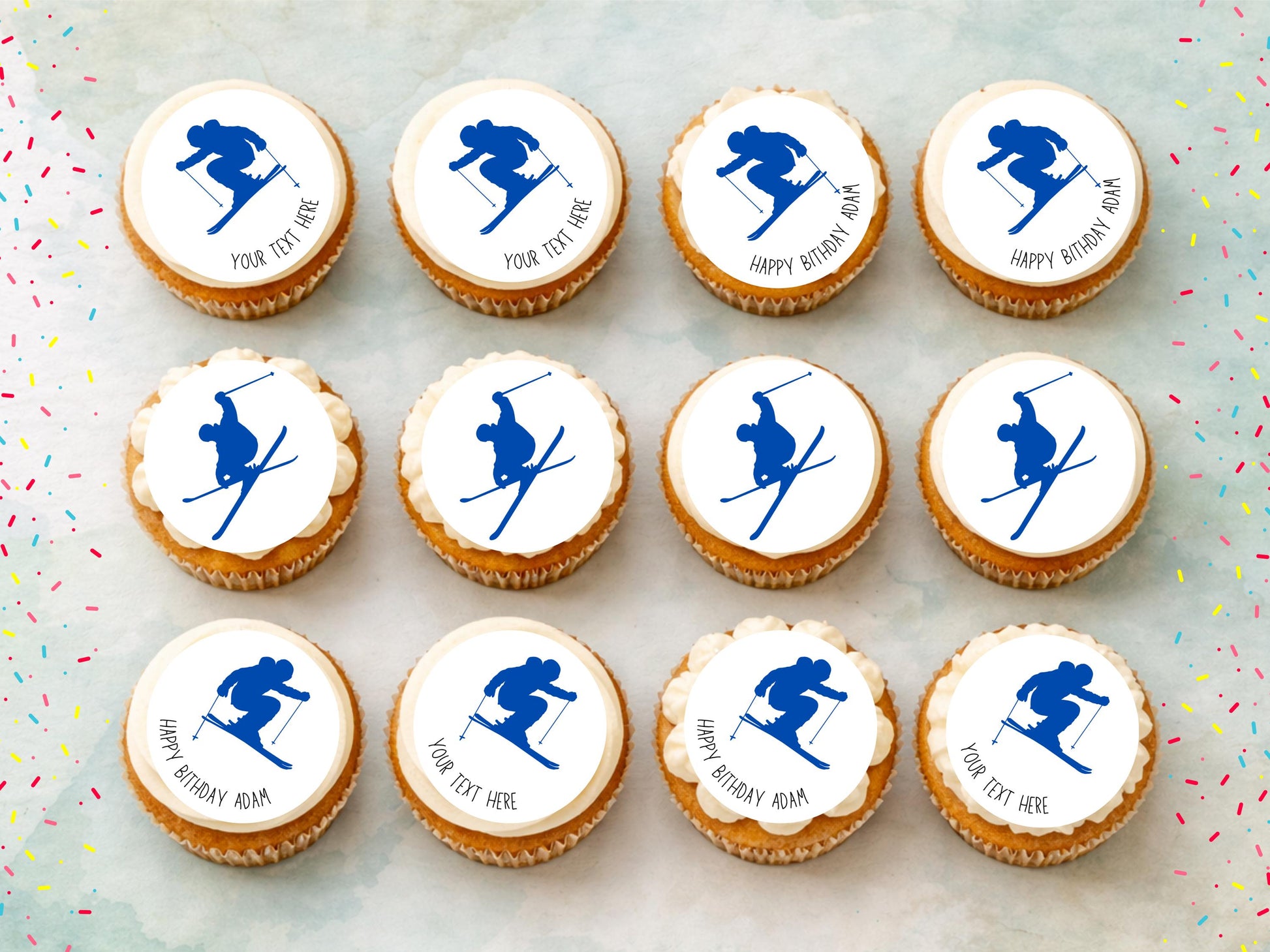 Personalised Skier Edible Cupcake Toppers - Ski Cake Decorations (12 x 2" Pre cut)