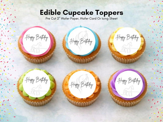 Horse Happy Birthday Edible Cupcake Toppers – 12 x 2" Pony Birthday Cake Decorations