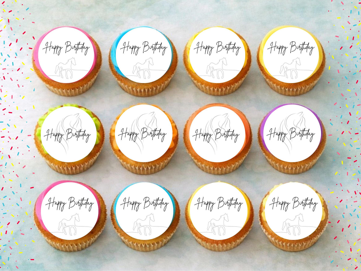 Horse Happy Birthday Edible Cupcake Toppers – 12 x 2" Pony Birthday Cake Decorations