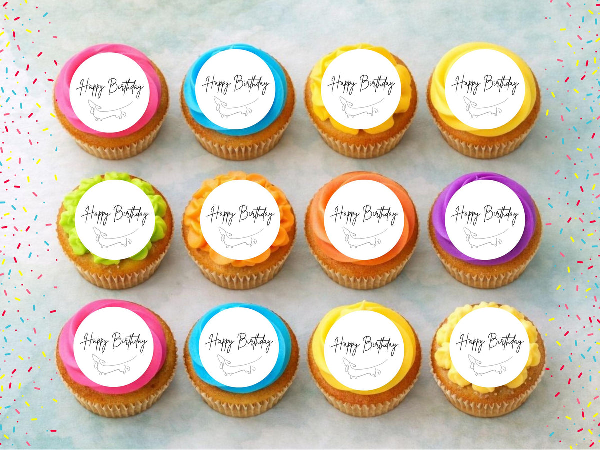 Dachshund Happy Birthday Edible Cupcake Toppers: Sausage Dog Cake Decorations (12 x 2")