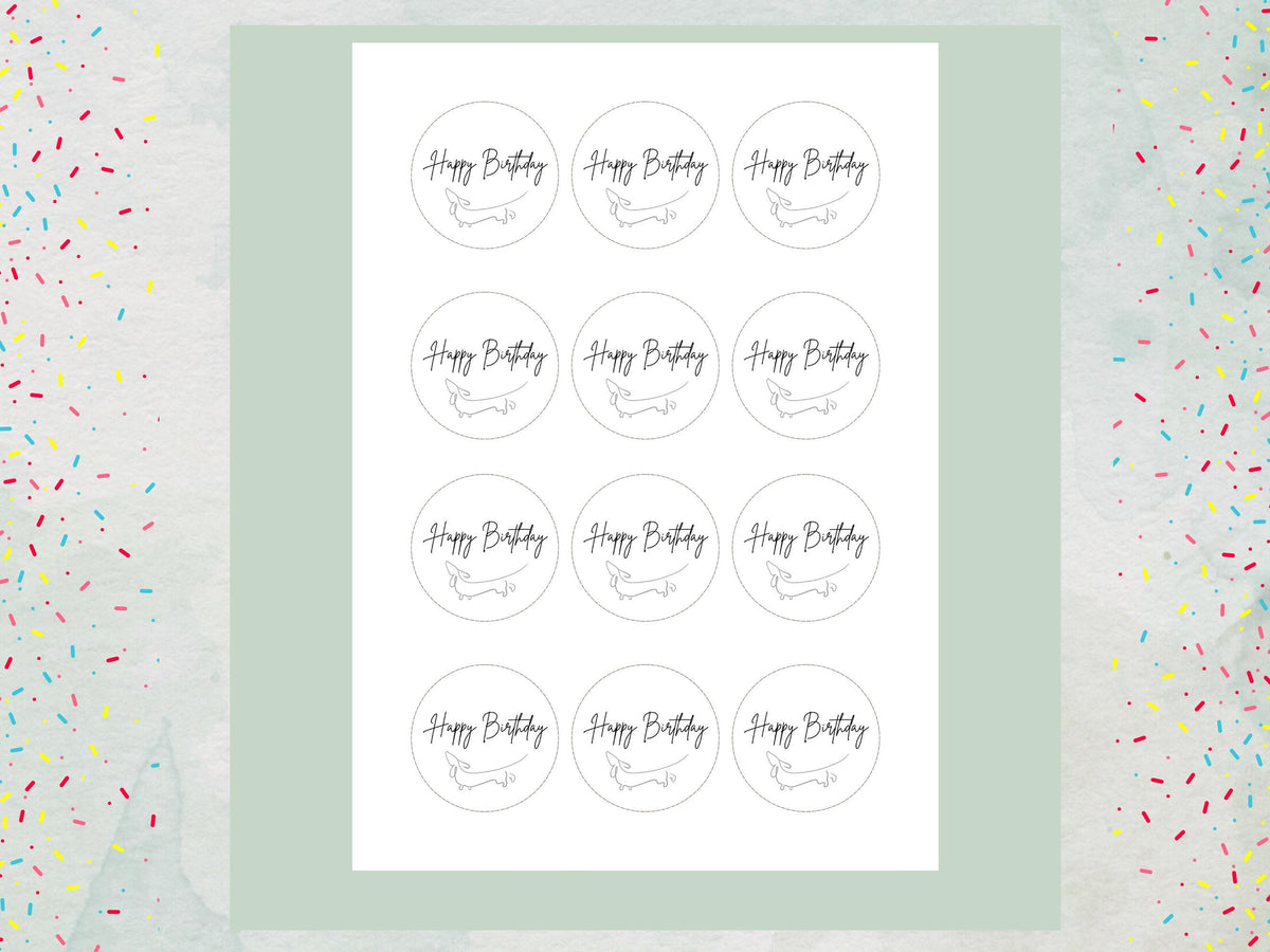 Dachshund Happy Birthday Edible Cupcake Toppers: Sausage Dog Cake Decorations (12 x 2")