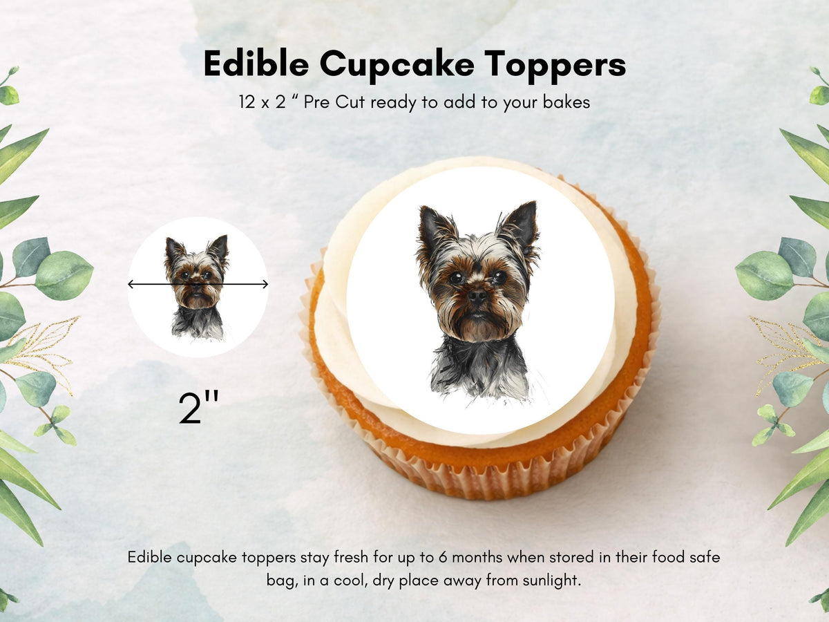Yorkshire Terrier Edible Cupcake Toppers – 12 x 2" Pre-Cut Dog Cake Decorations
