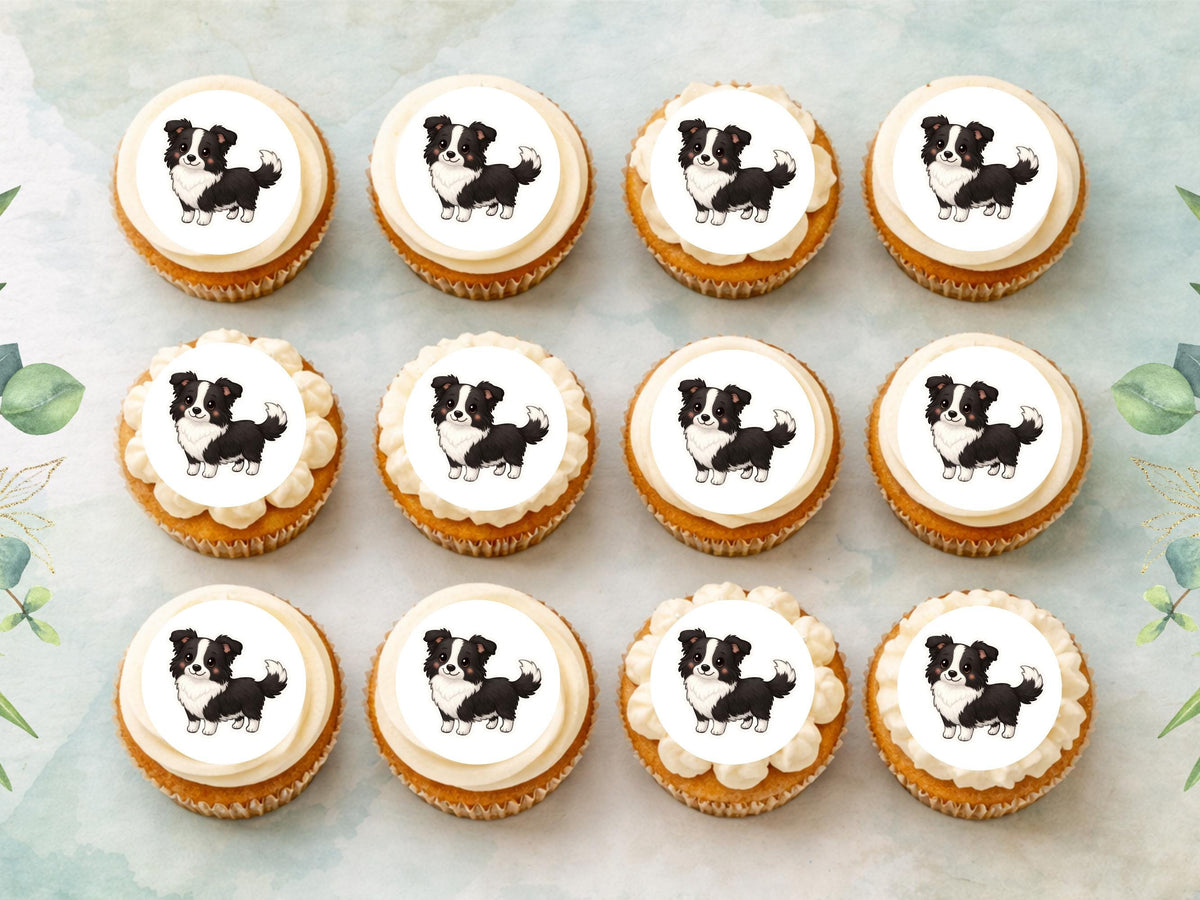 Border Collie Edible Cupcake Toppers 12 x 2" Dog Cake Toppers