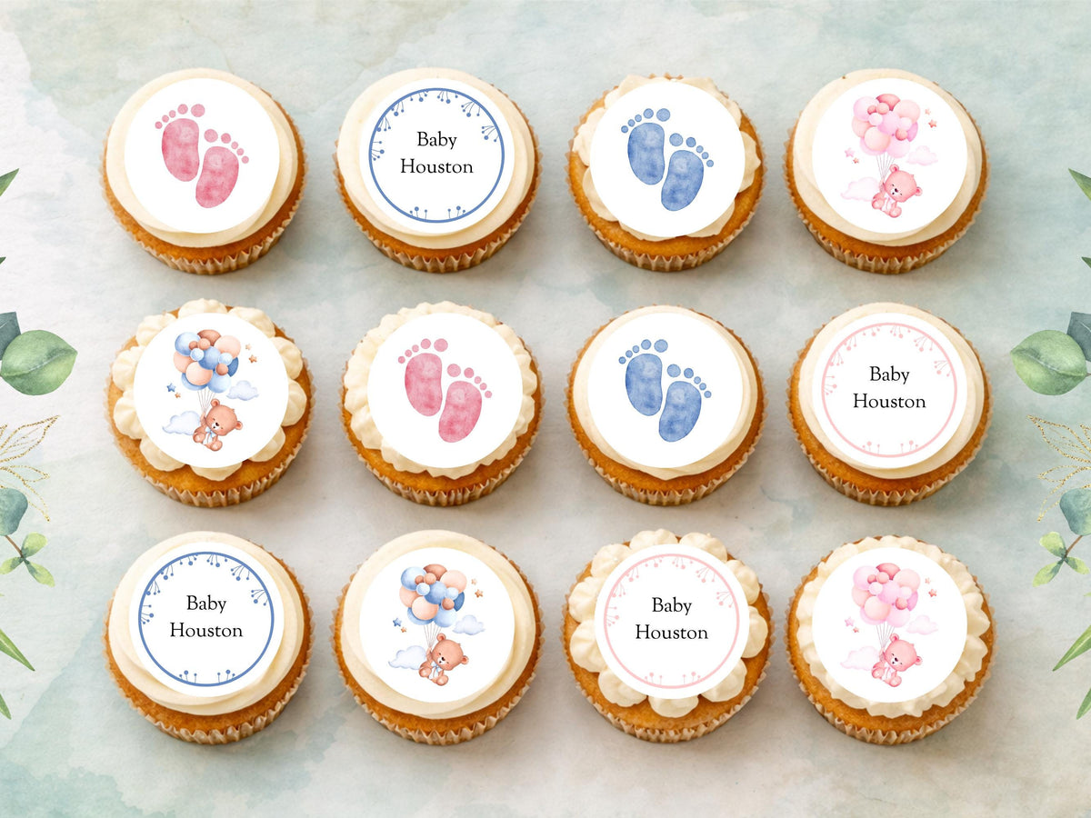 Personalised Gender Reveal Edible Cupcake Toppers: Pink & Blue Cake Decorations