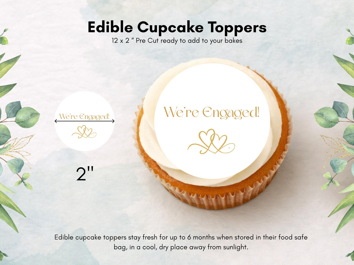 We're Engaged Gold Edible Cupcake Toppers – (12 x 2" Pre-Cut) Wafer Paper, Card, or Icing