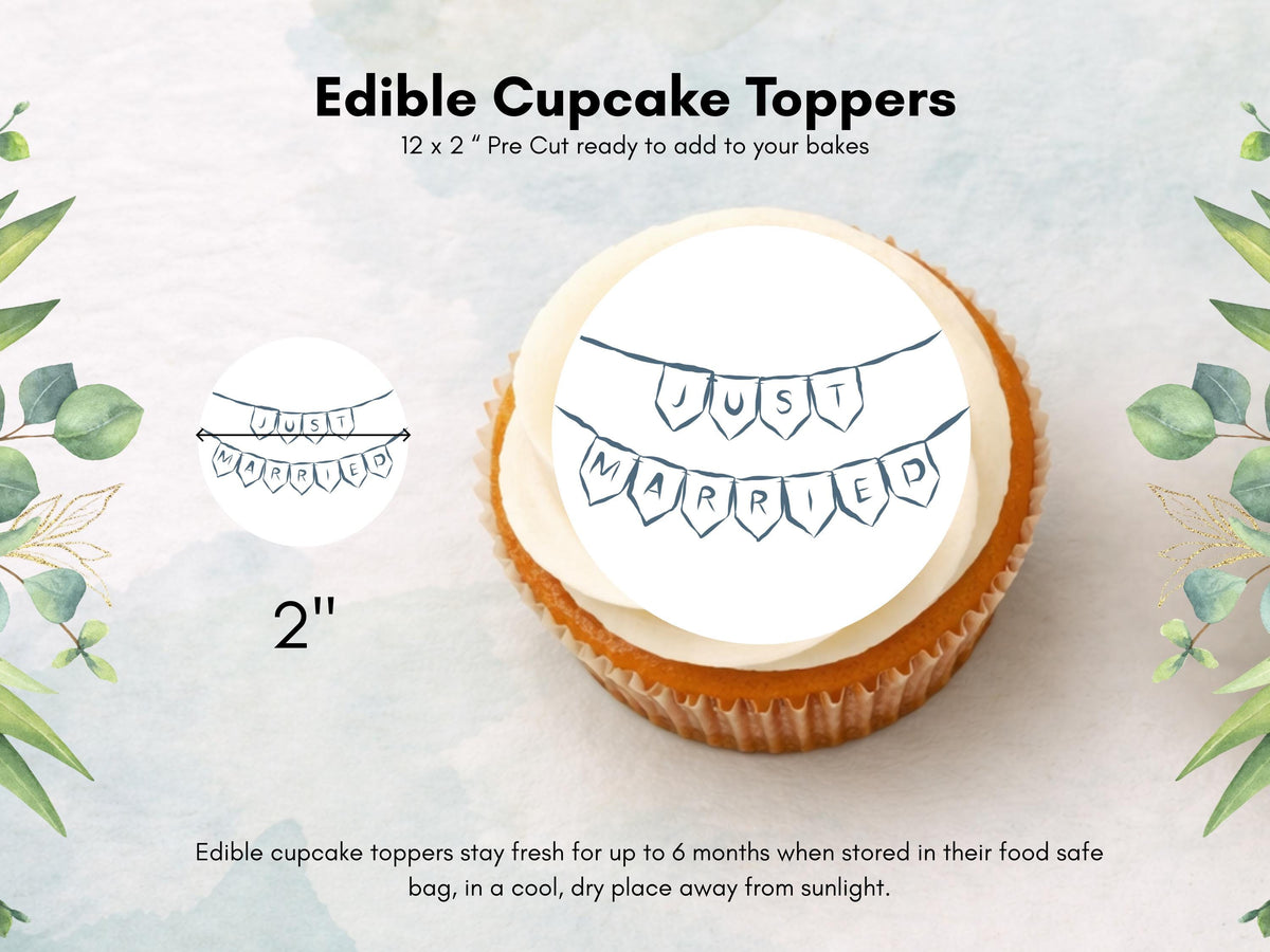 Just Married Edible Cupcake Toppers – 2" Wafer Paper, Card, or Icing