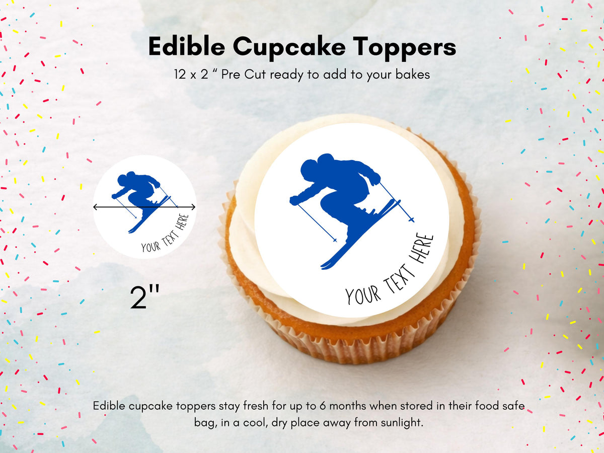 Personalised Skier Edible Cupcake Toppers - Skiing Cake Decorations (12 x 2" Pre cut)