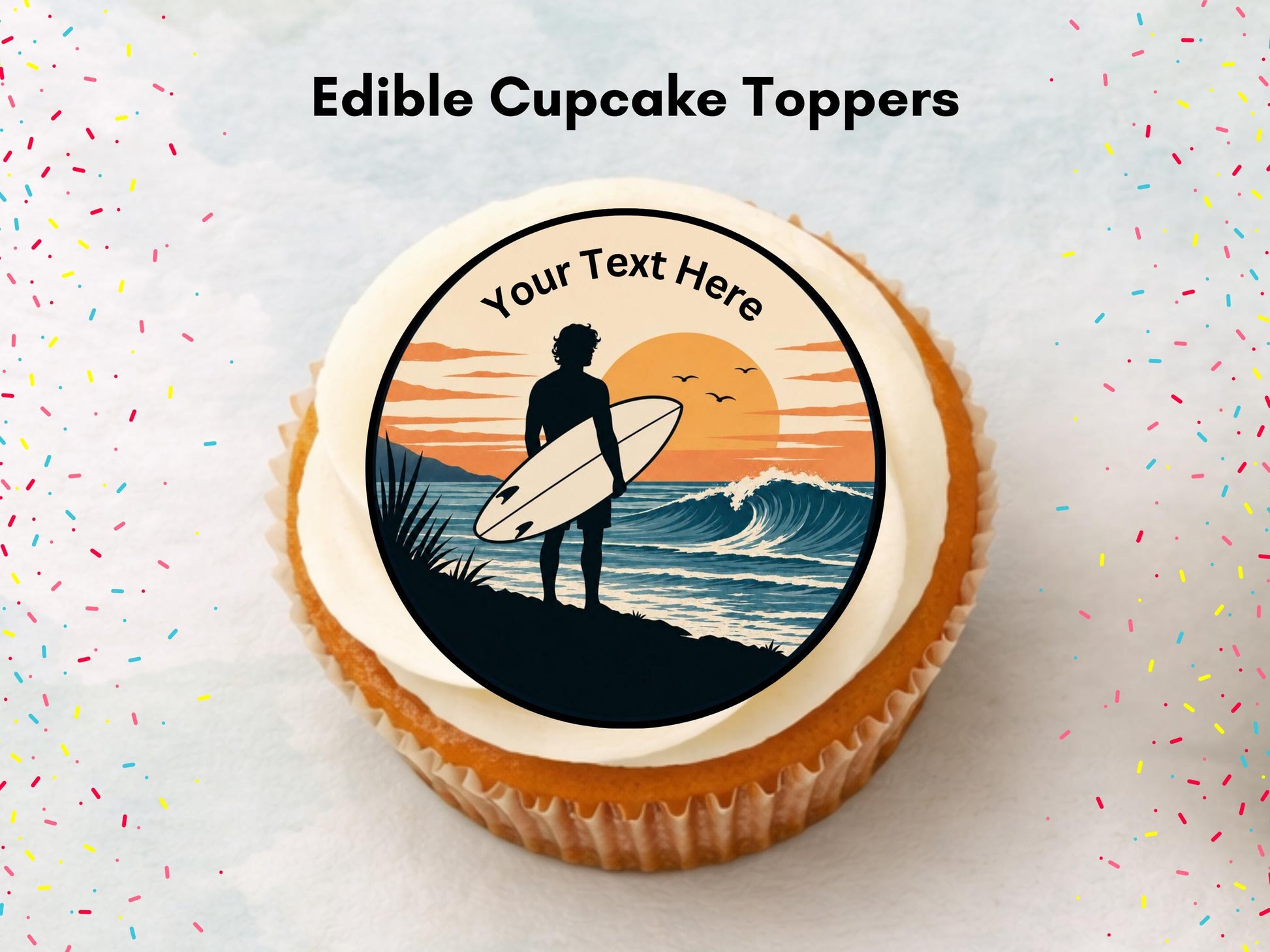 Personalised Surfer Edible Cupcake Toppers - Sports Cake Decorations (12 x 2" Pre cut)