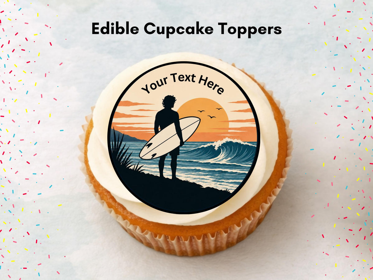 Personalised Surfer Edible Cupcake Toppers - Sports Cake Decorations (12 x 2" Pre cut)