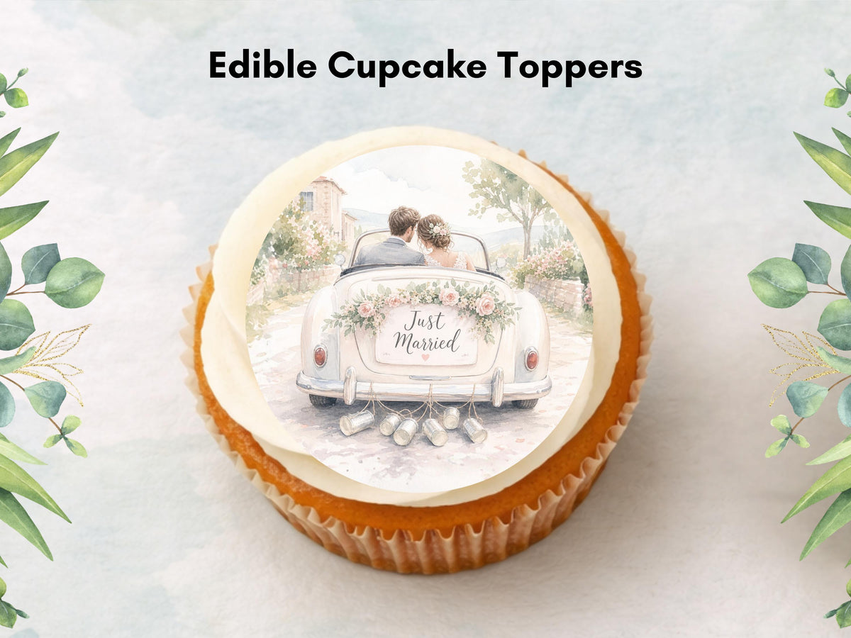 Just Married Edible Cupcake Toppers – 2" Wafer Paper, Card, or Icing