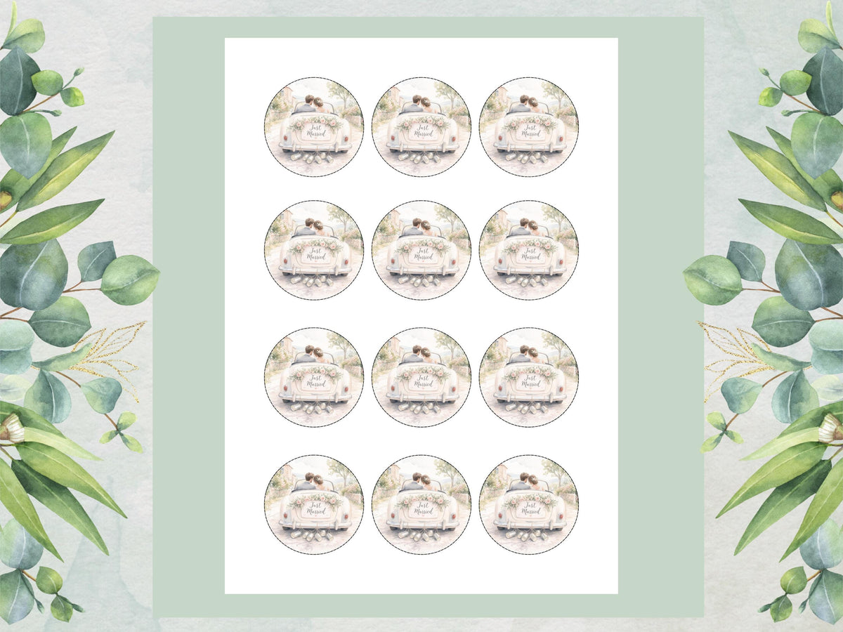 Just Married Edible Cupcake Toppers – 2" Wafer Paper, Card, or Icing