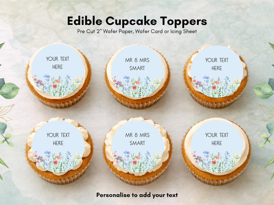 Personalised Floral Wedding Cupcake Toppers – Edible Wafer Paper, Icing Sheet 12 x 2"
