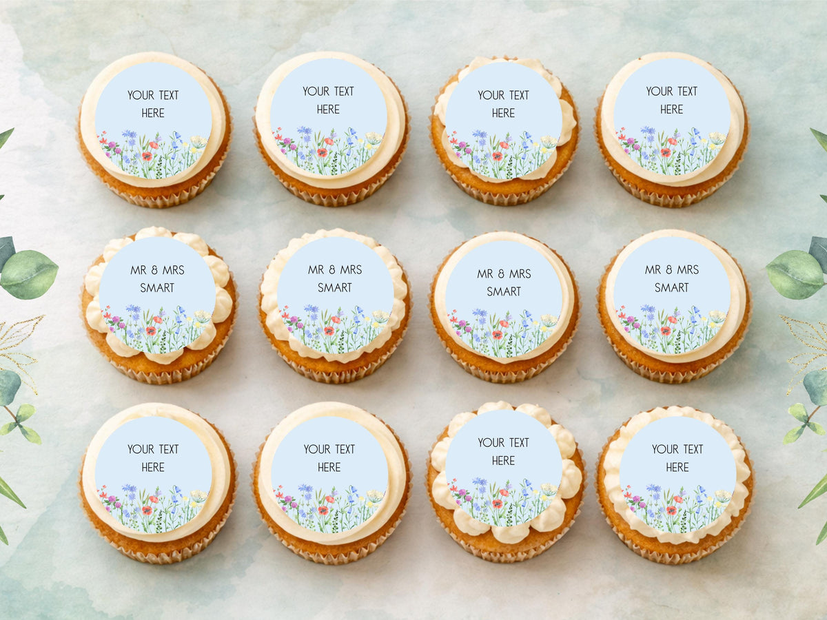Personalised Floral Wedding Cupcake Toppers – Edible Wafer Paper, Icing Sheet 12 x 2"