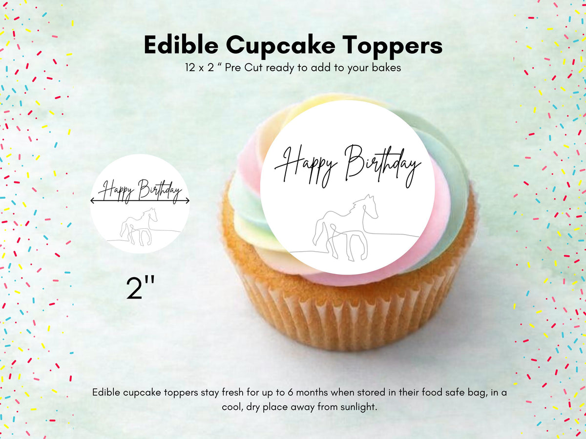Horse Happy Birthday Edible Cupcake Toppers – 12 x 2" Pony Birthday Cake Decorations